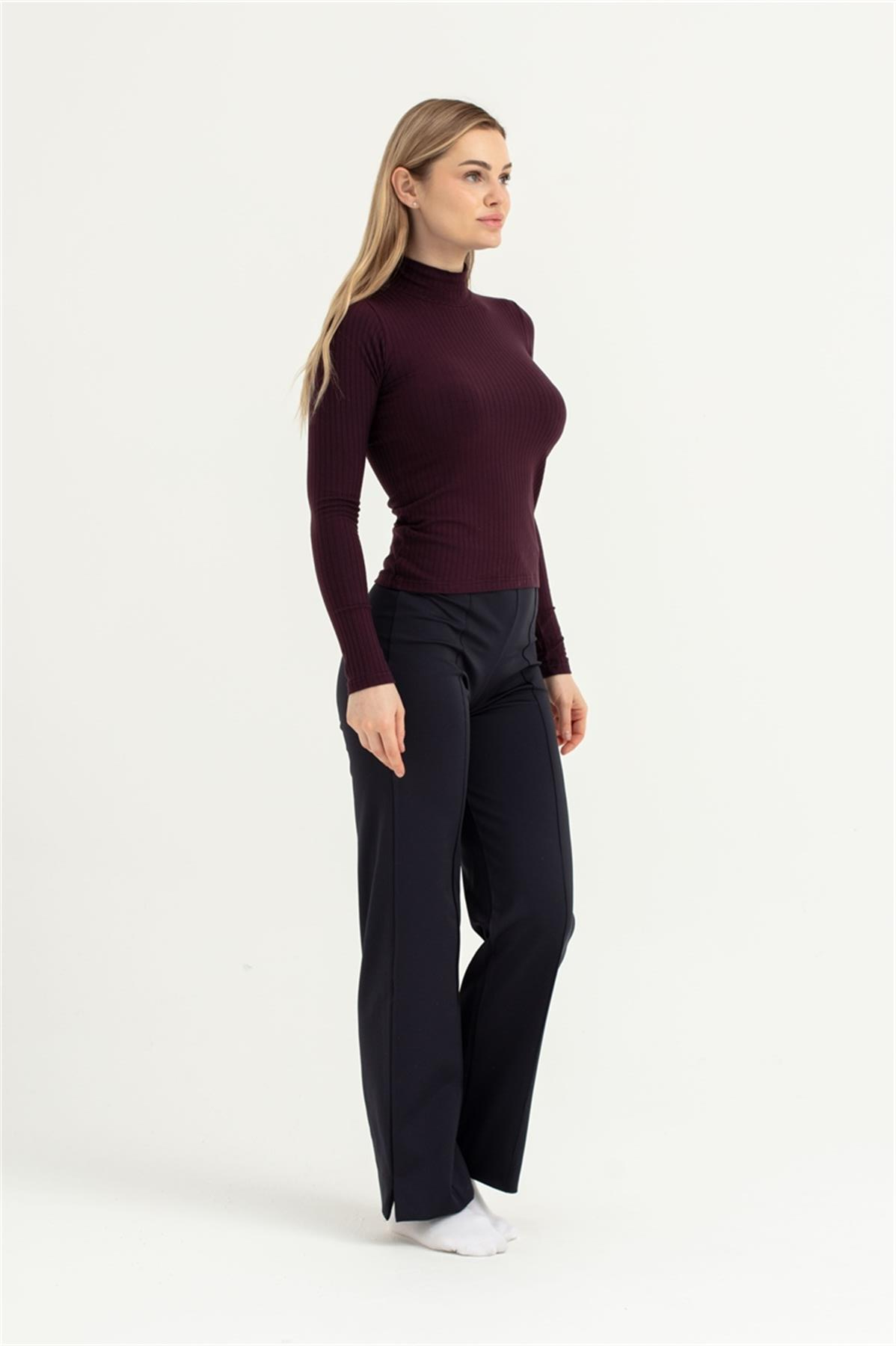 Kadın Bordo Dik Yaka Uzun Kol Body