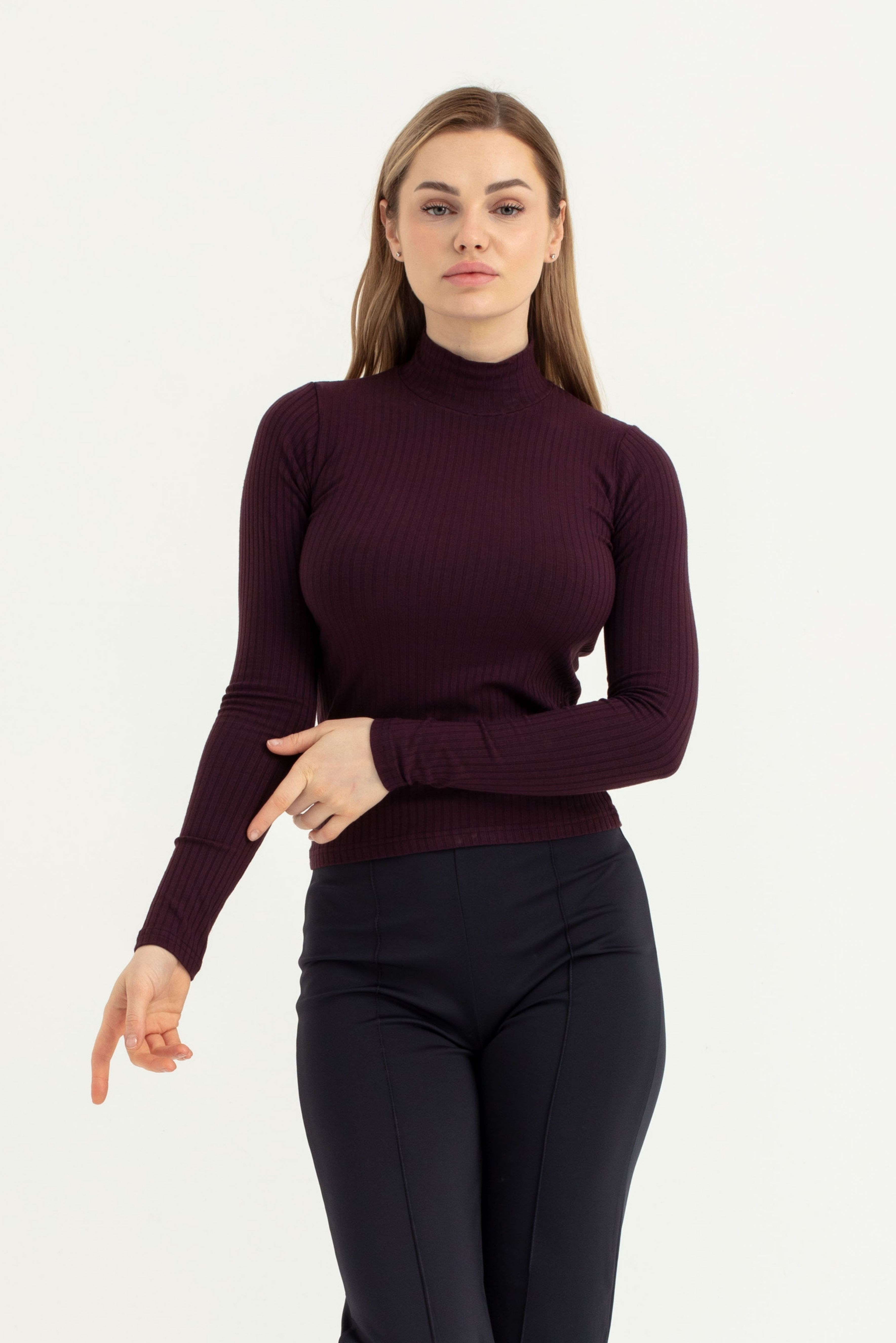 Kadın Bordo Dik Yaka Uzun Kol Body