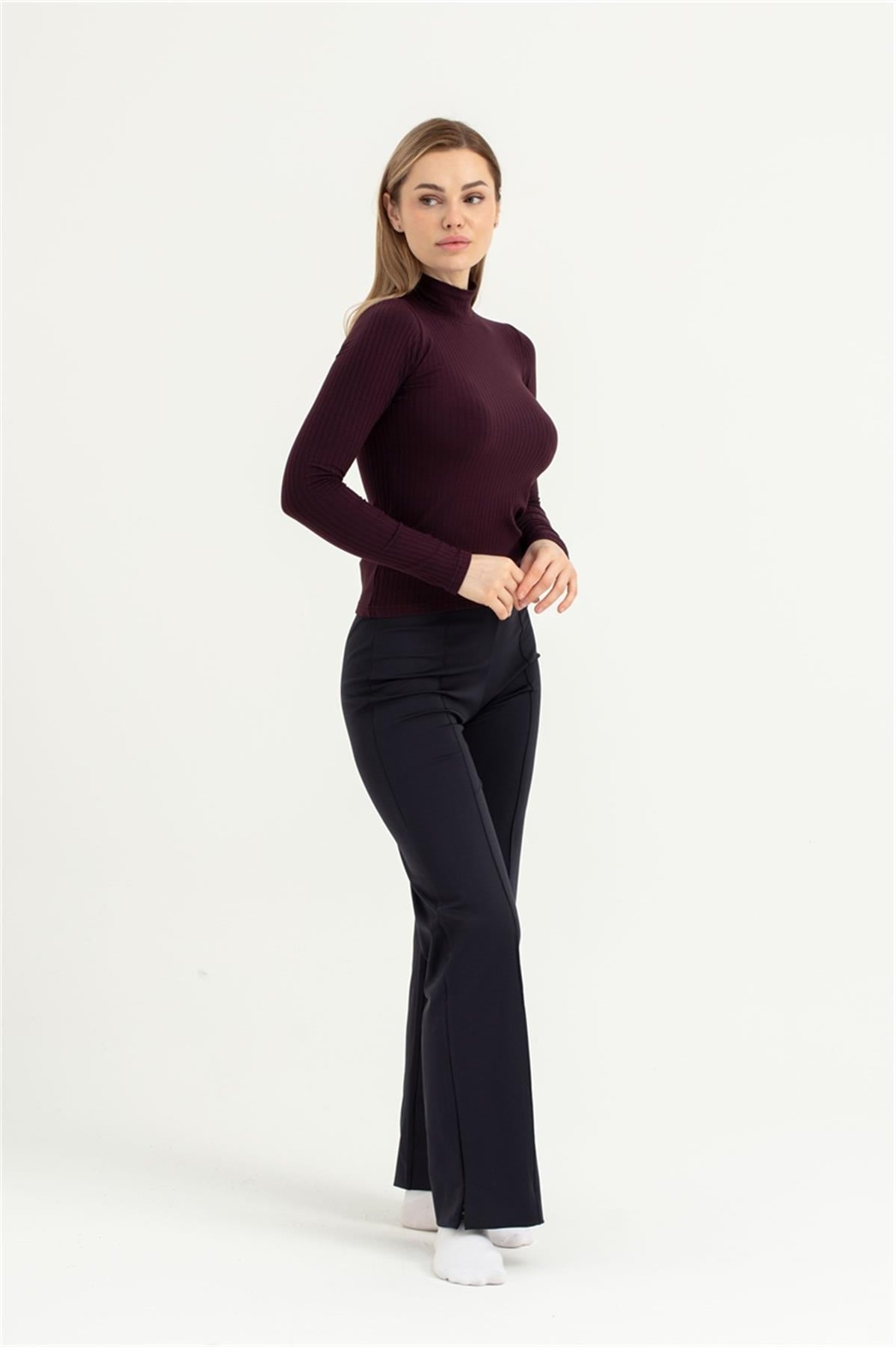 Kadın Bordo Dik Yaka Uzun Kol Body