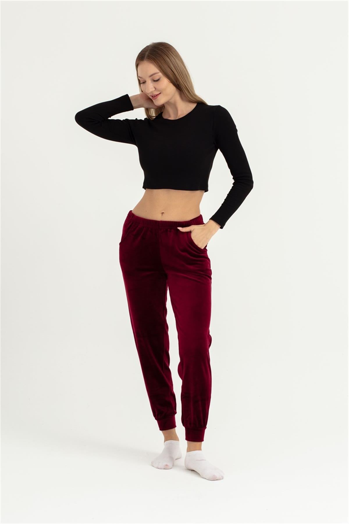 Kadın Bordo Soft Kadife Manşet Paça Alt