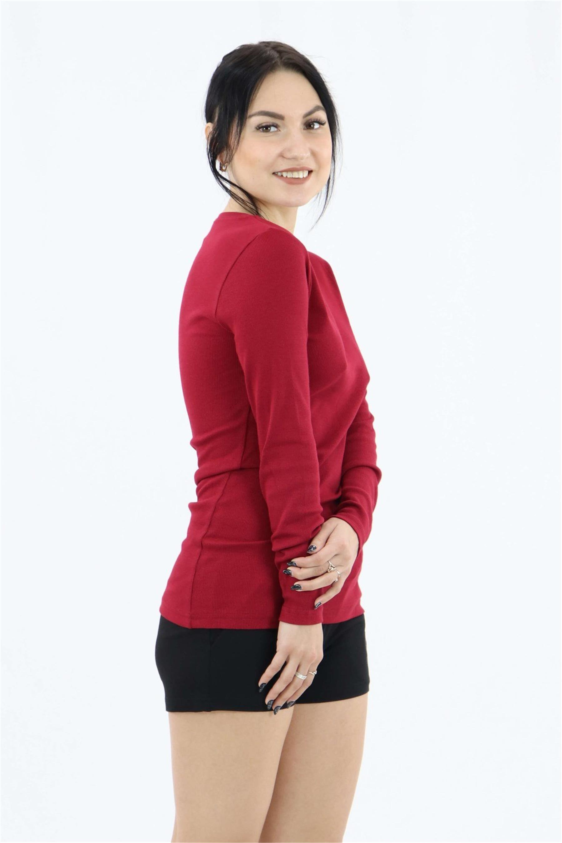 Kadın Bordo Uzun Kol Sıfır Yaka Body