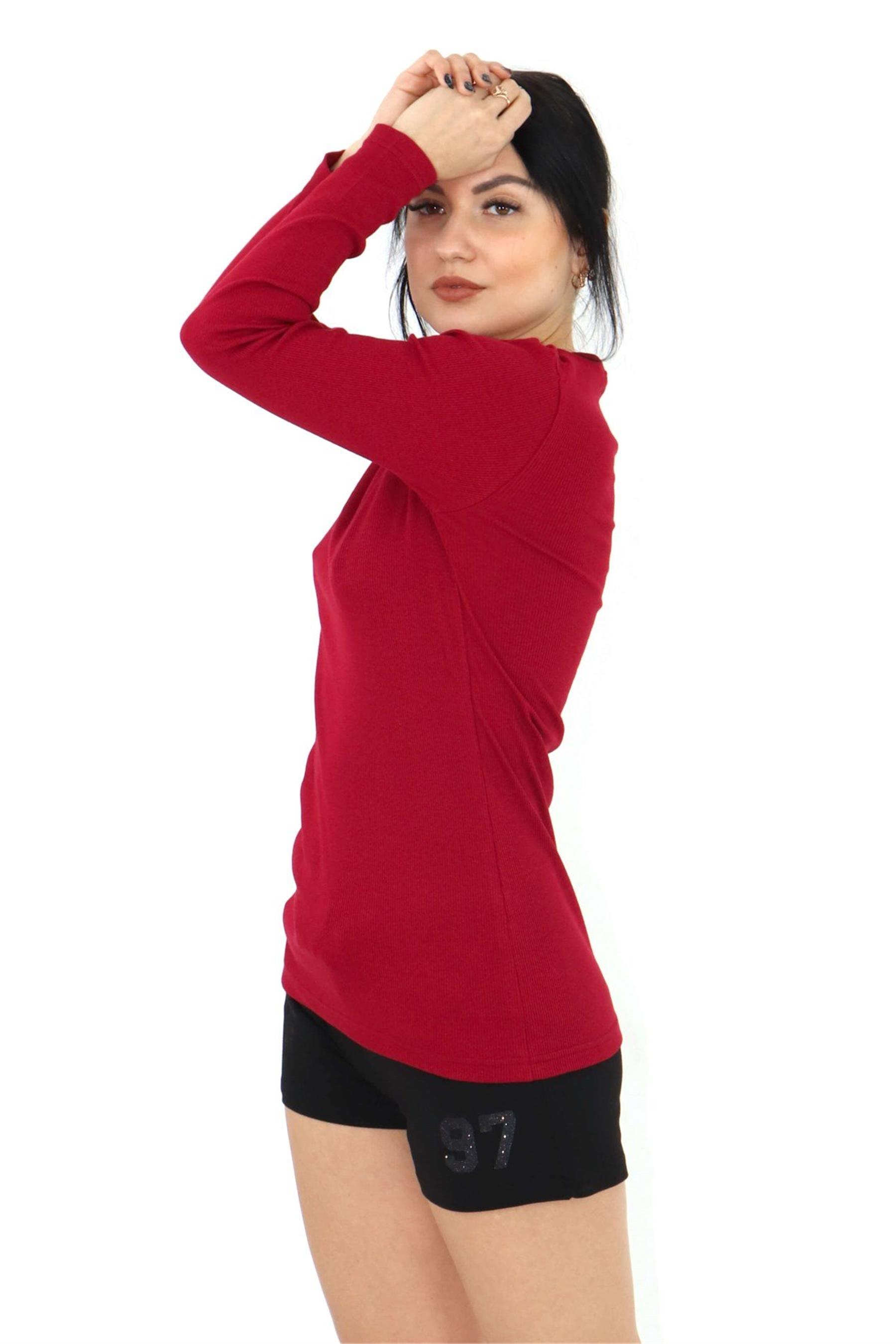Kadın Bordo Uzun Kol Sıfır Yaka Body