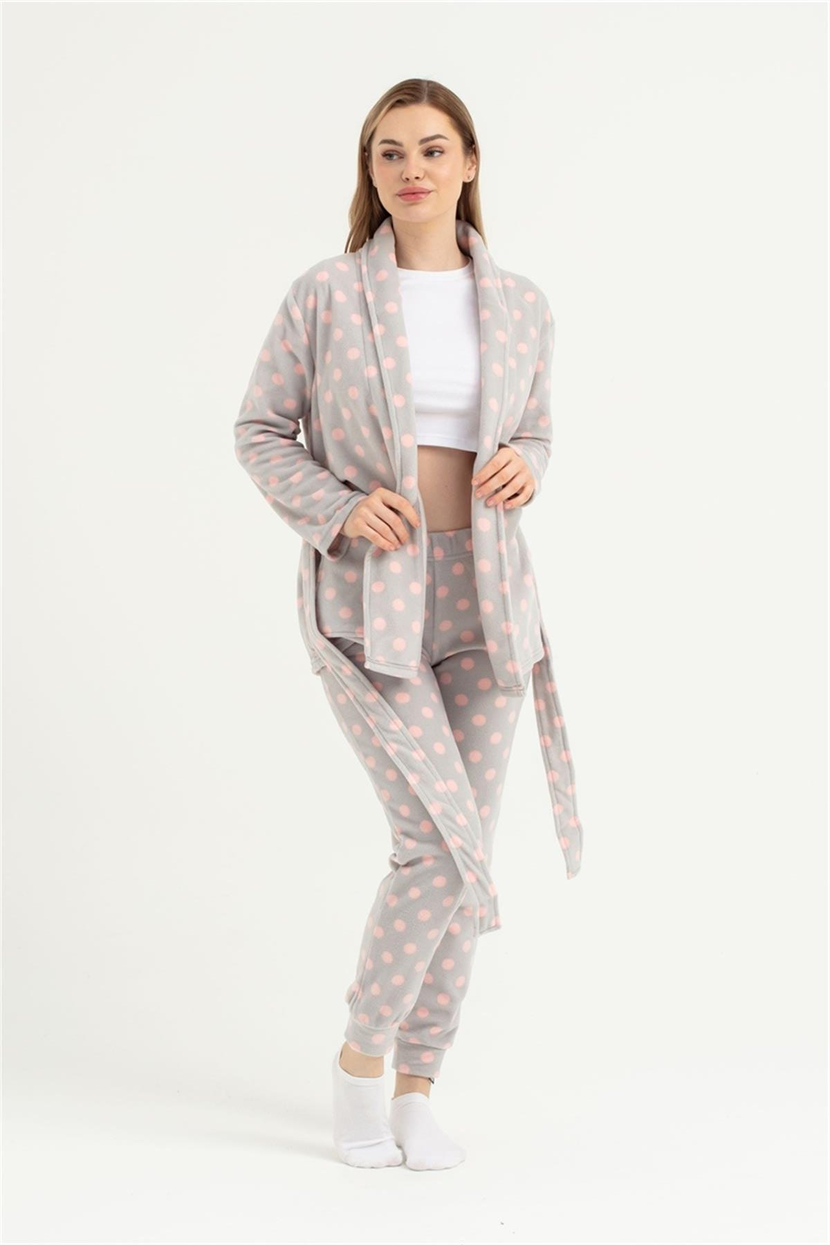 Kadın Gri Puanlı Bant Paça Polar Pijama Altı