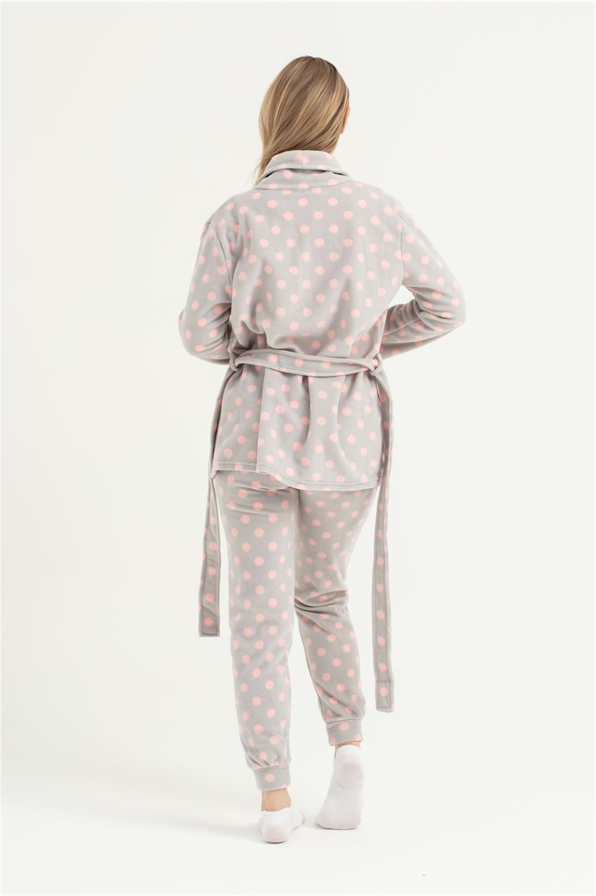 Kadın Gri Puanlı Bant Paça Polar Pijama Altı