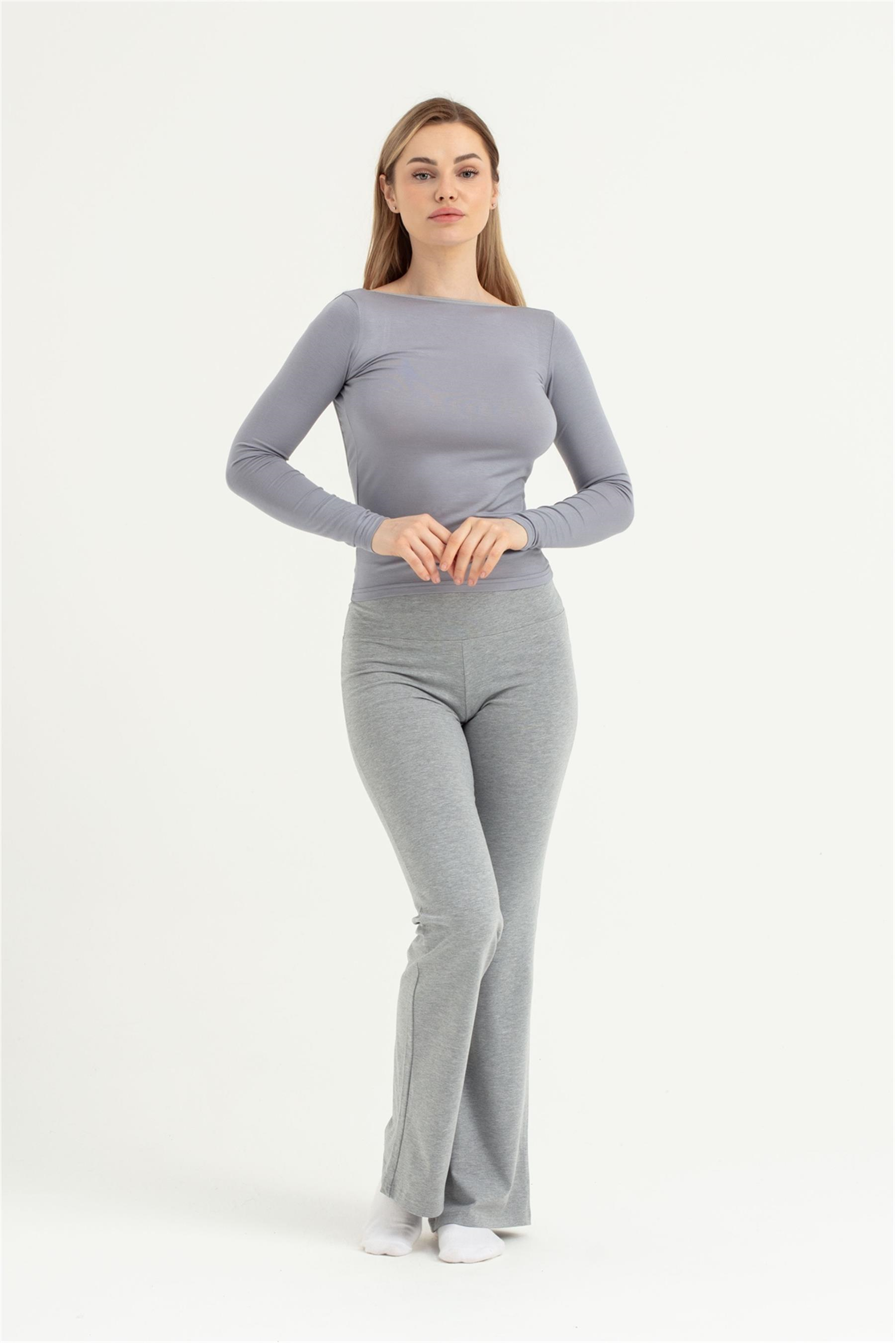 Kadın Gri Viskon Uzun Kol Sırt Dekolteli Body