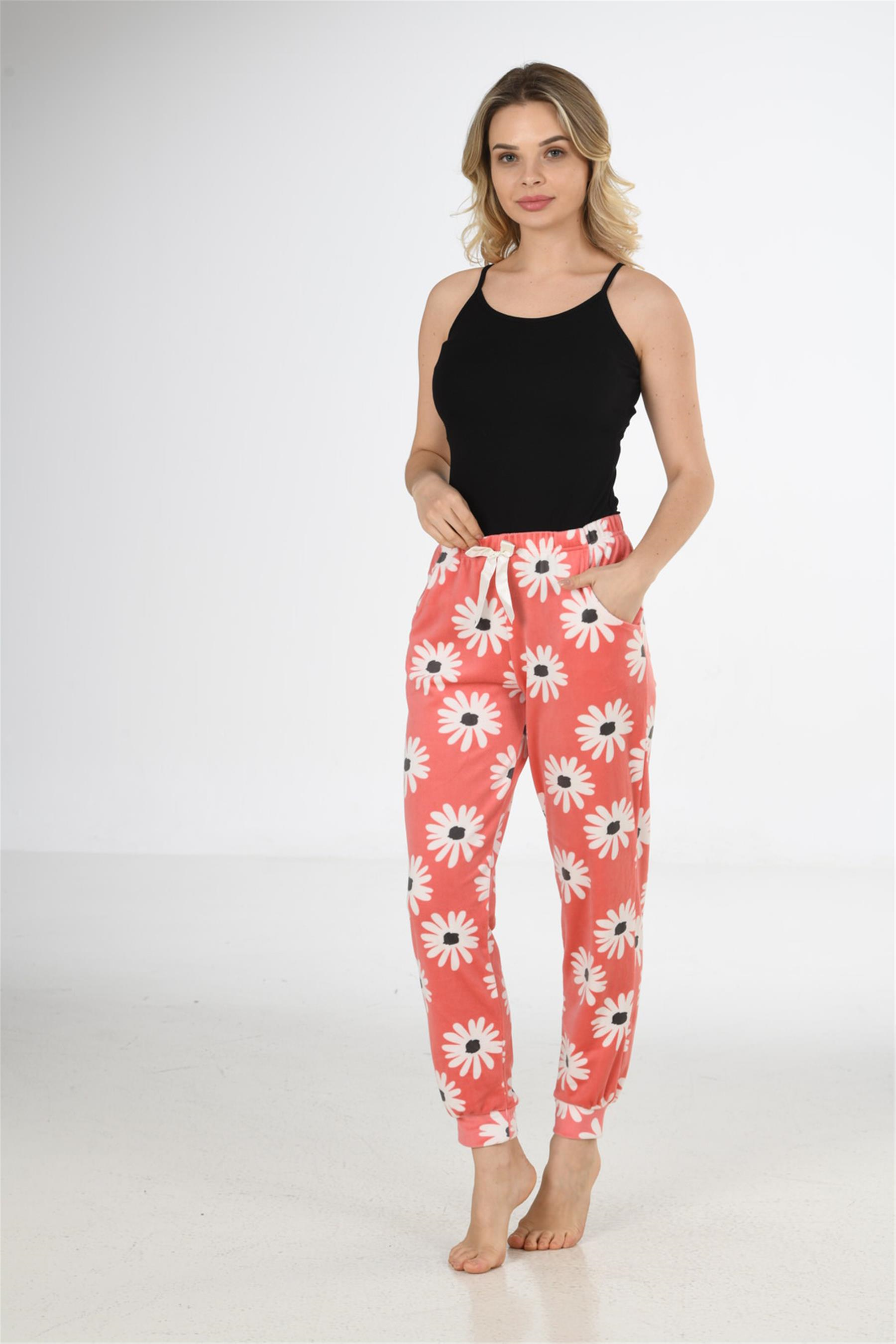 Kadın Gül Kurusu Papatya Desen Bant Paça Polar Pijama Altı