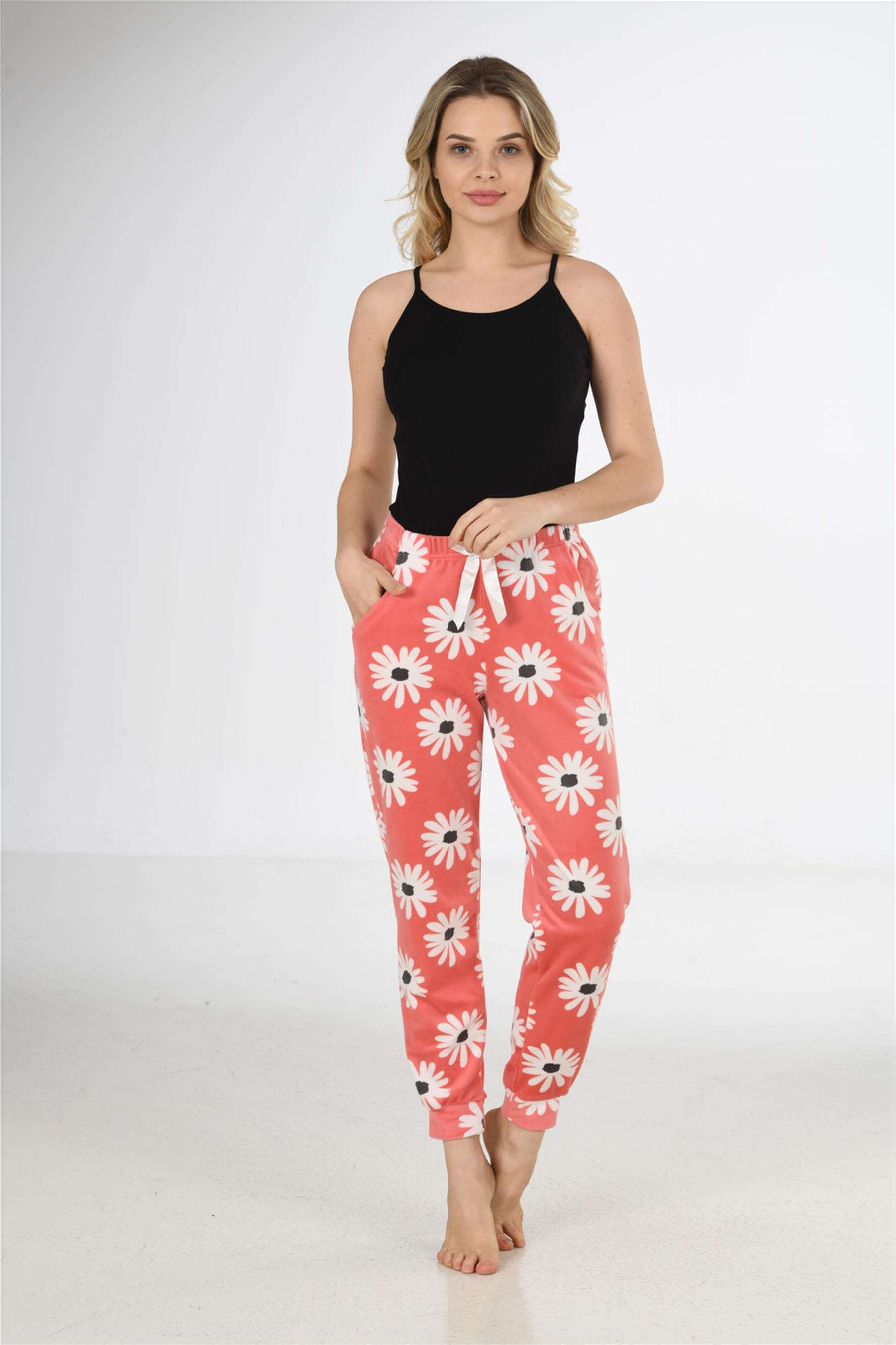 Kadın Gül Kurusu Papatya Desen Bant Paça Polar Pijama Altı