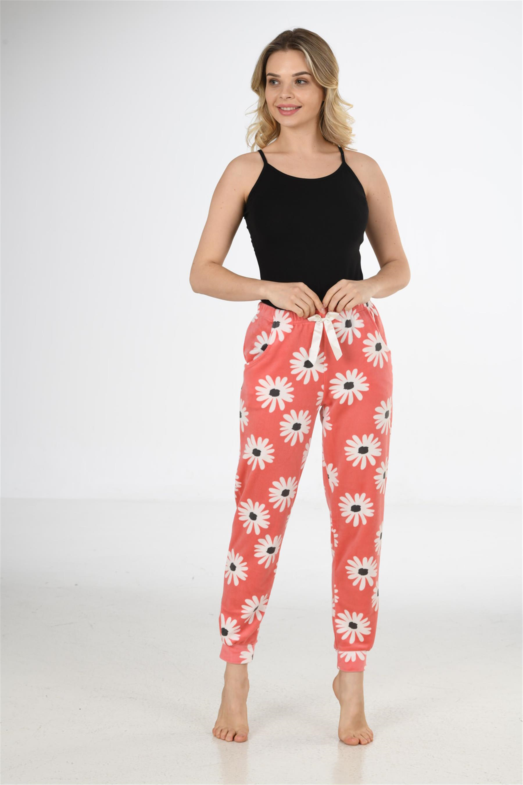 Kadın Gül Kurusu Papatya Desen Bant Paça Polar Pijama Altı