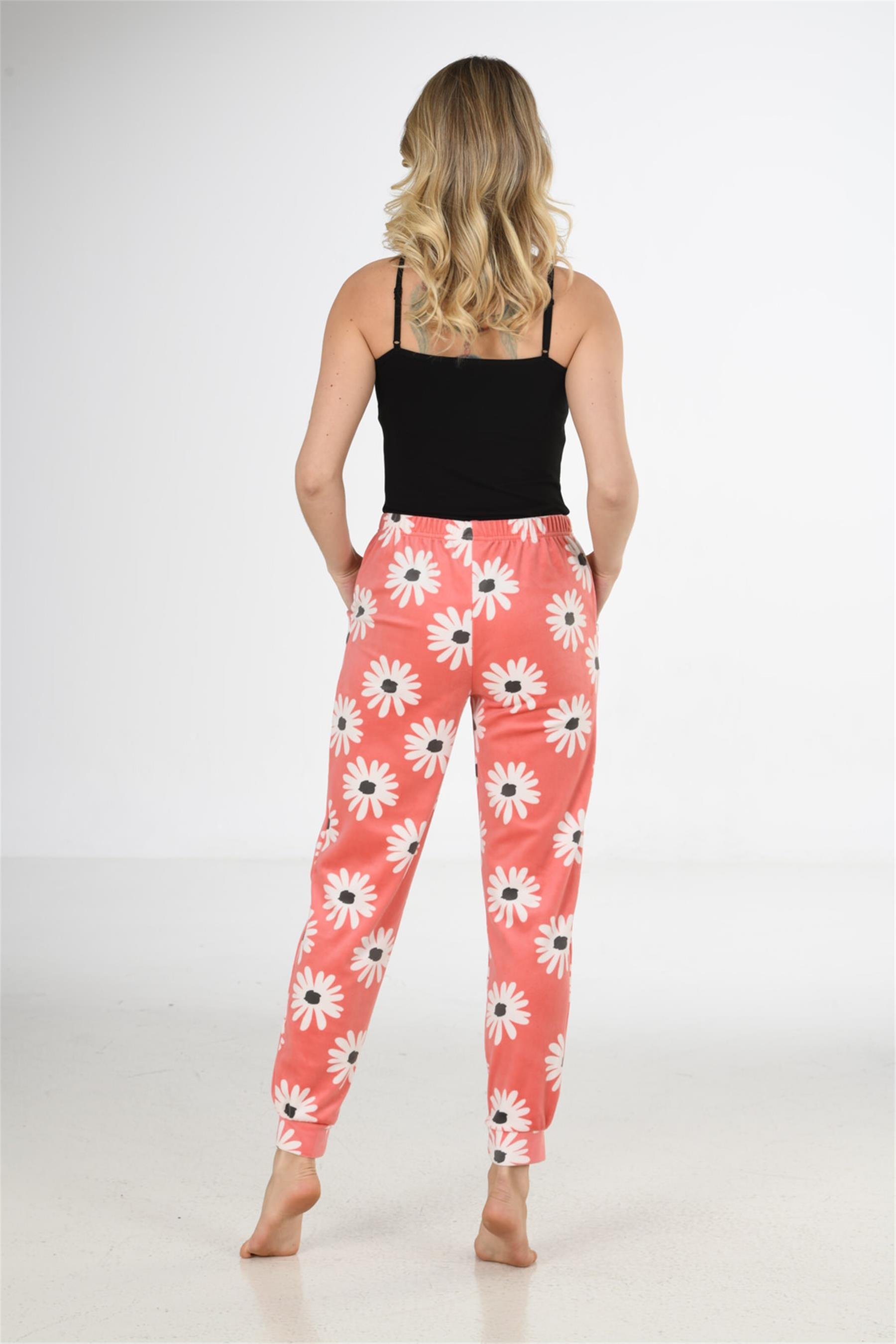 Kadın Gül Kurusu Papatya Desen Bant Paça Polar Pijama Altı