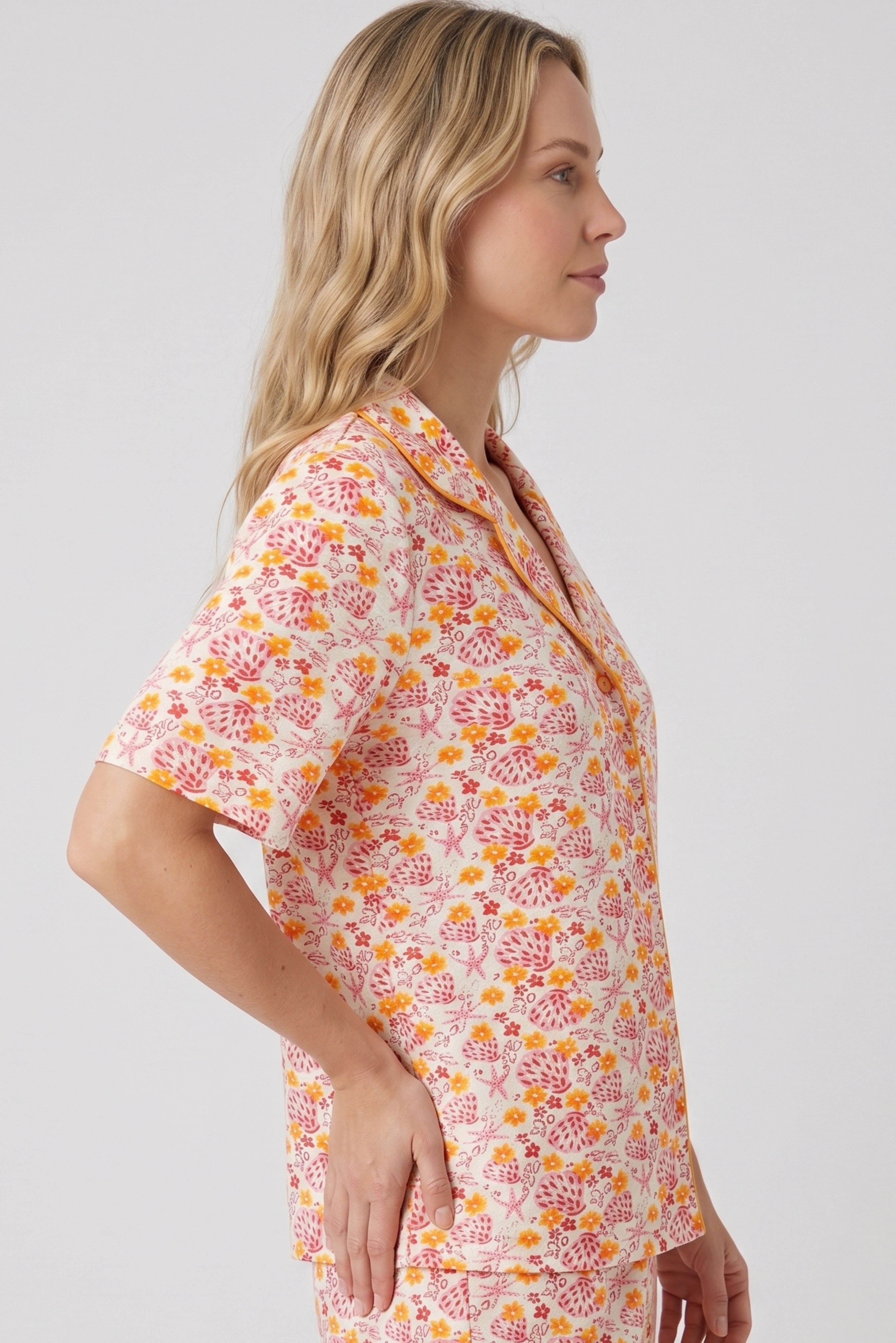 Kadın İstiridye Desen Önden Düğmeli Pijama Üstü