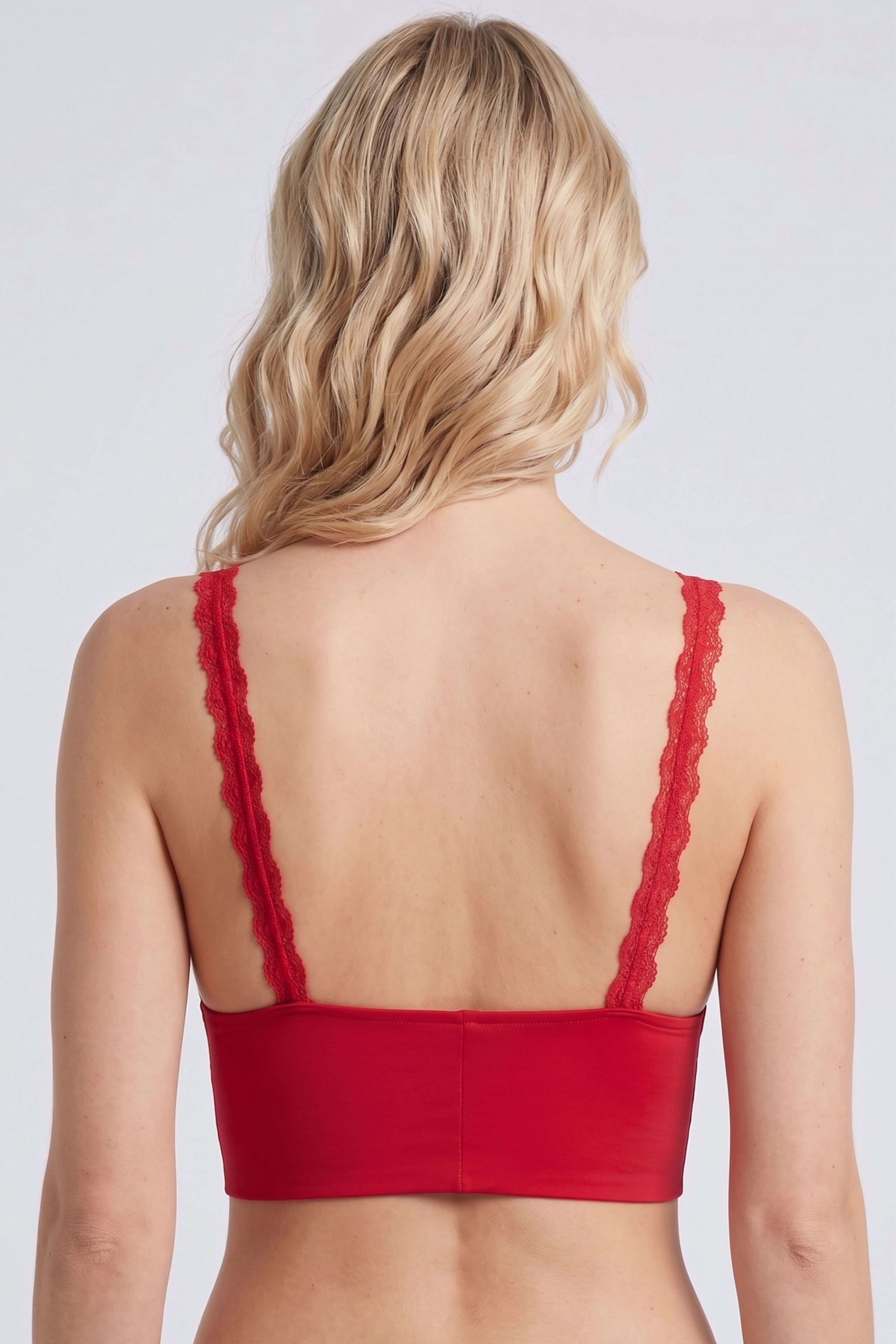 Kadın Kırmısı Dantelli V Yaka Askılı Bralet