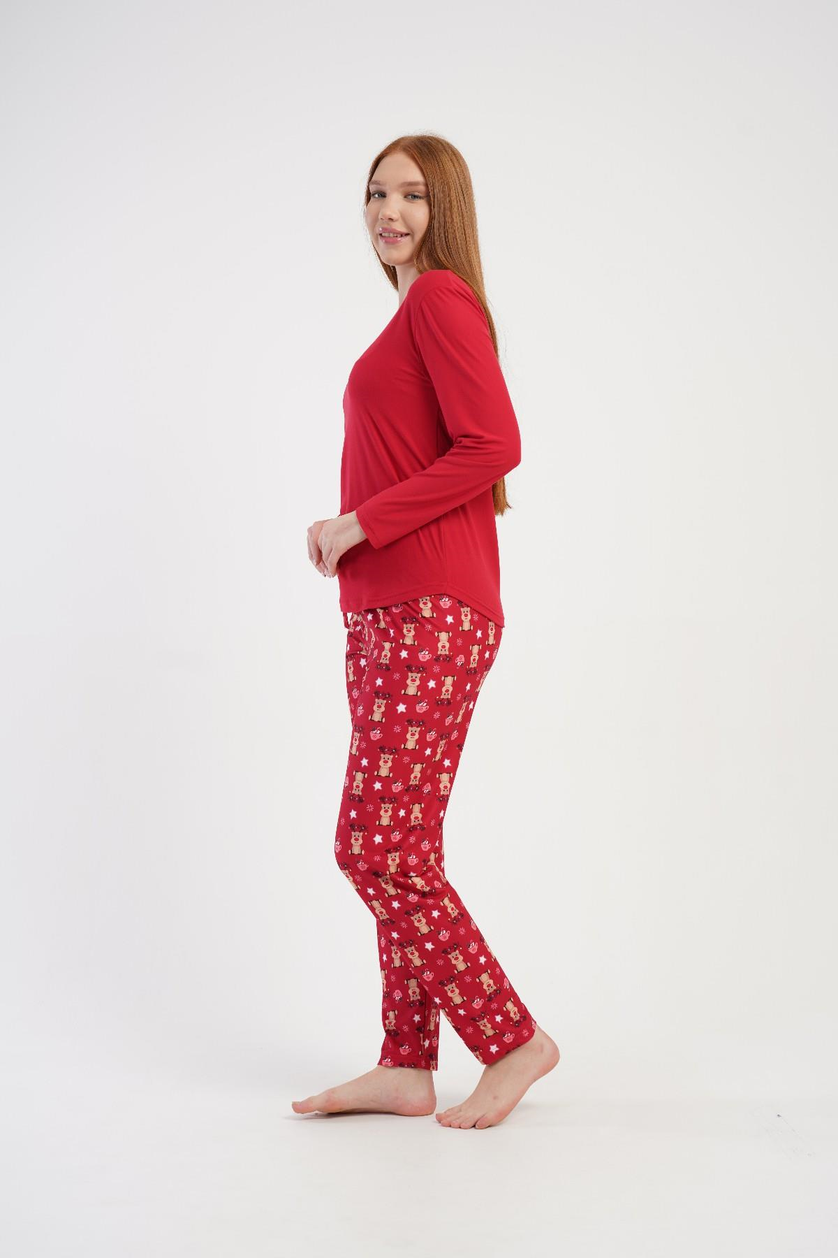 Kadın Kırmızı Geyik Desenli Uzun Pijama Altı