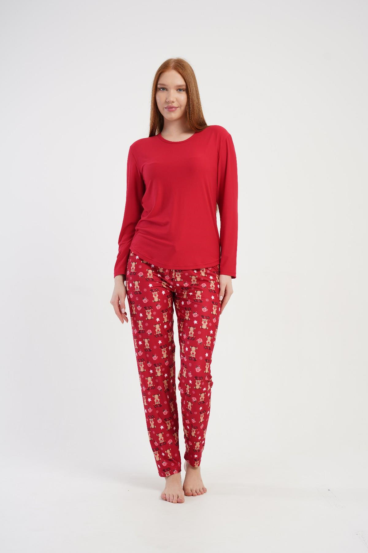 Kadın Kırmızı Geyik Desenli Uzun Pijama Altı
