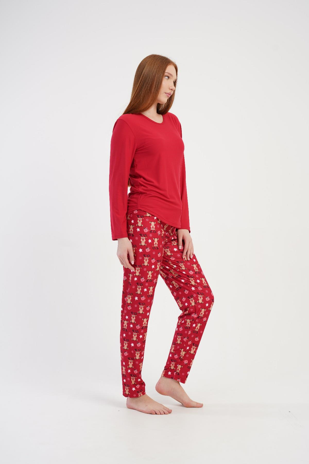 Kadın Kırmızı Geyik Desenli Uzun Pijama Altı