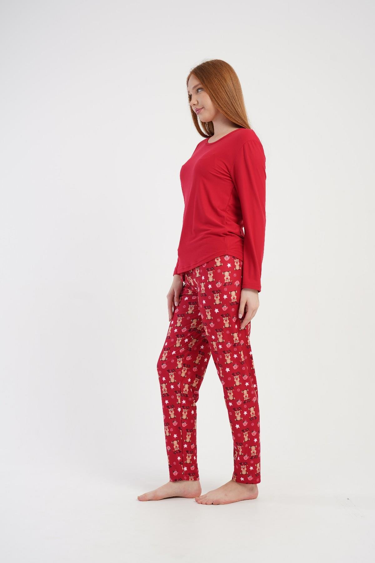 Kadın Kırmızı Geyik Desenli Uzun Pijama Altı