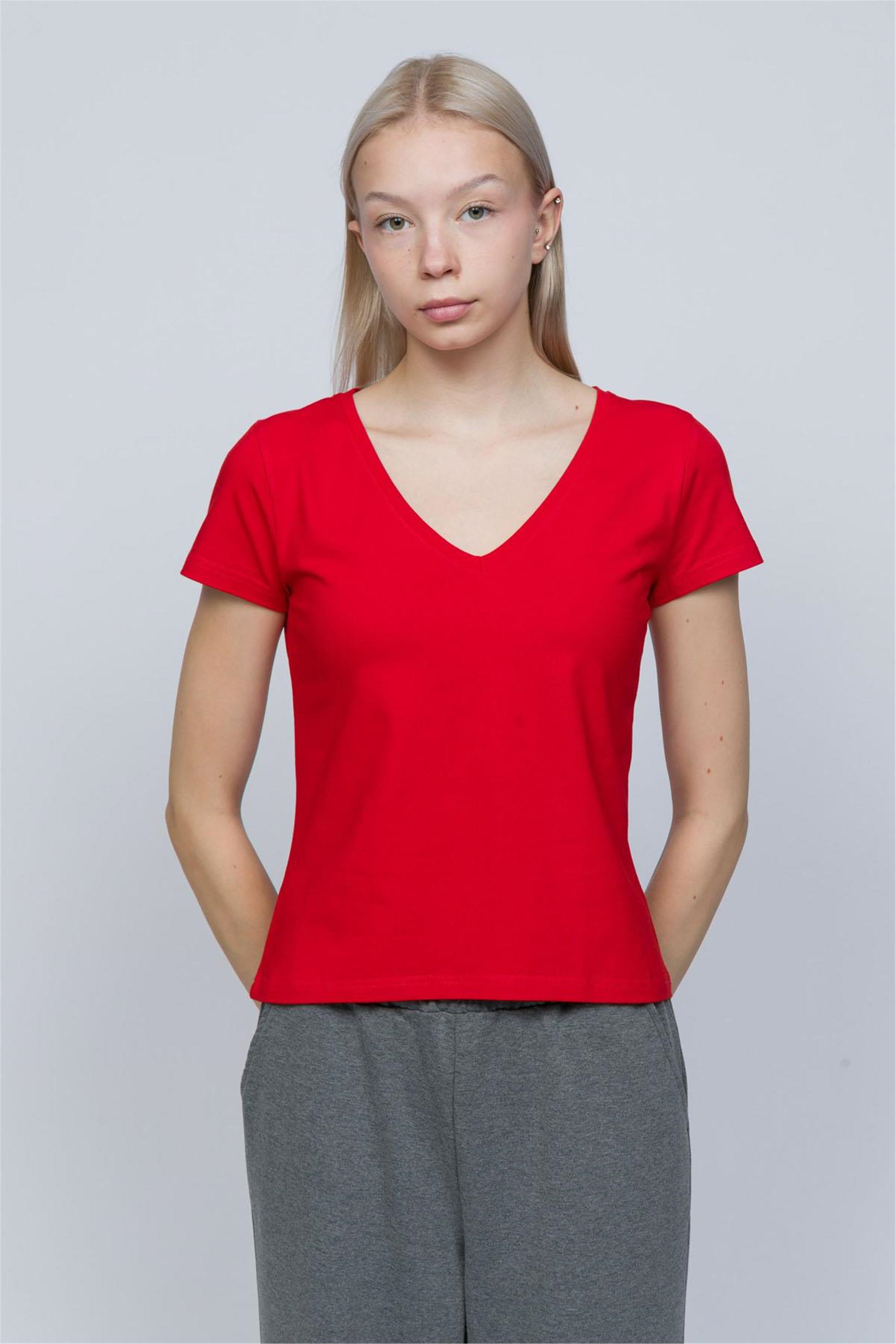 Kadın Kırmızı V Yaka T-shirt