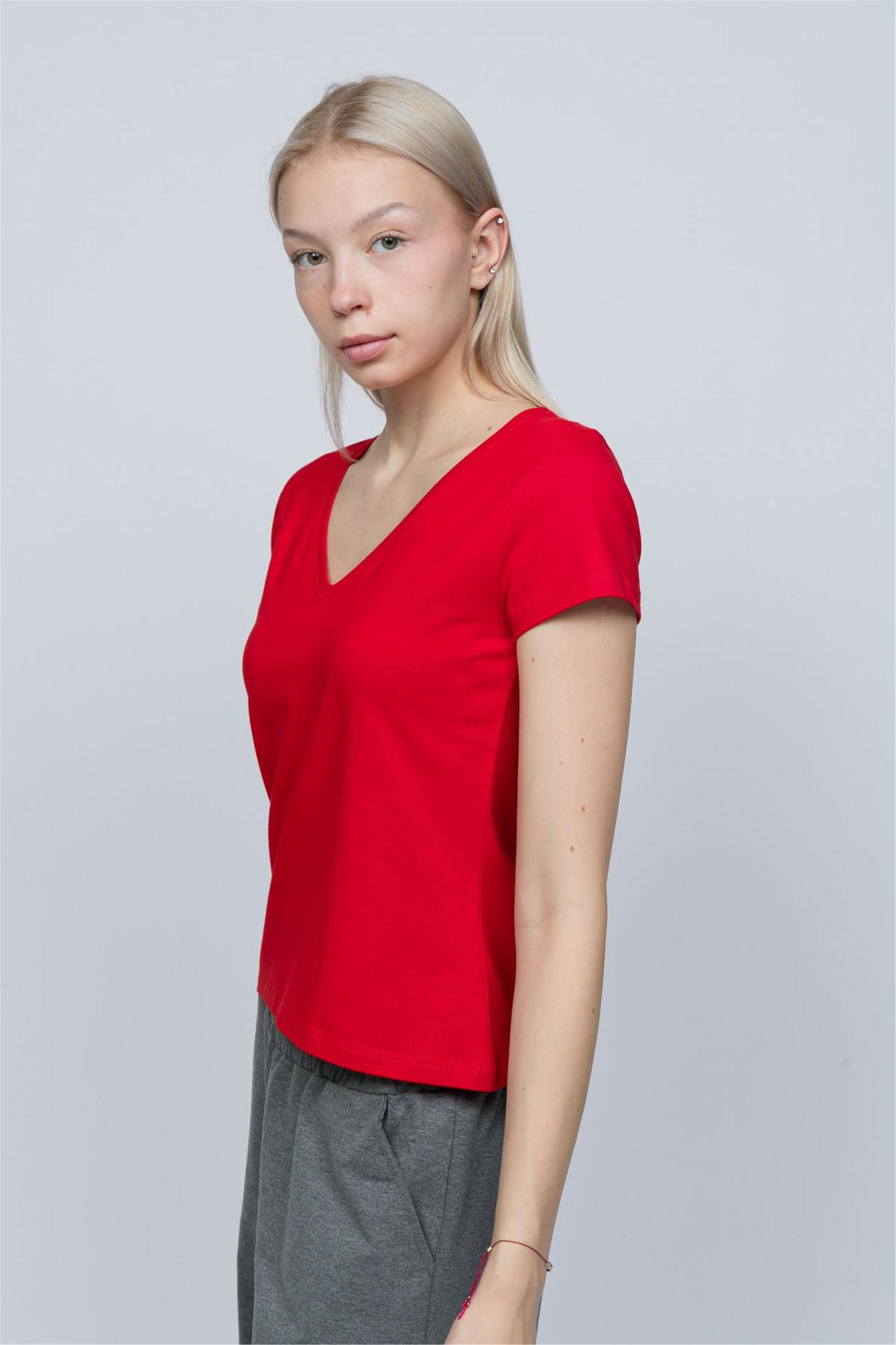 Kadın Kırmızı V Yaka T-shirt