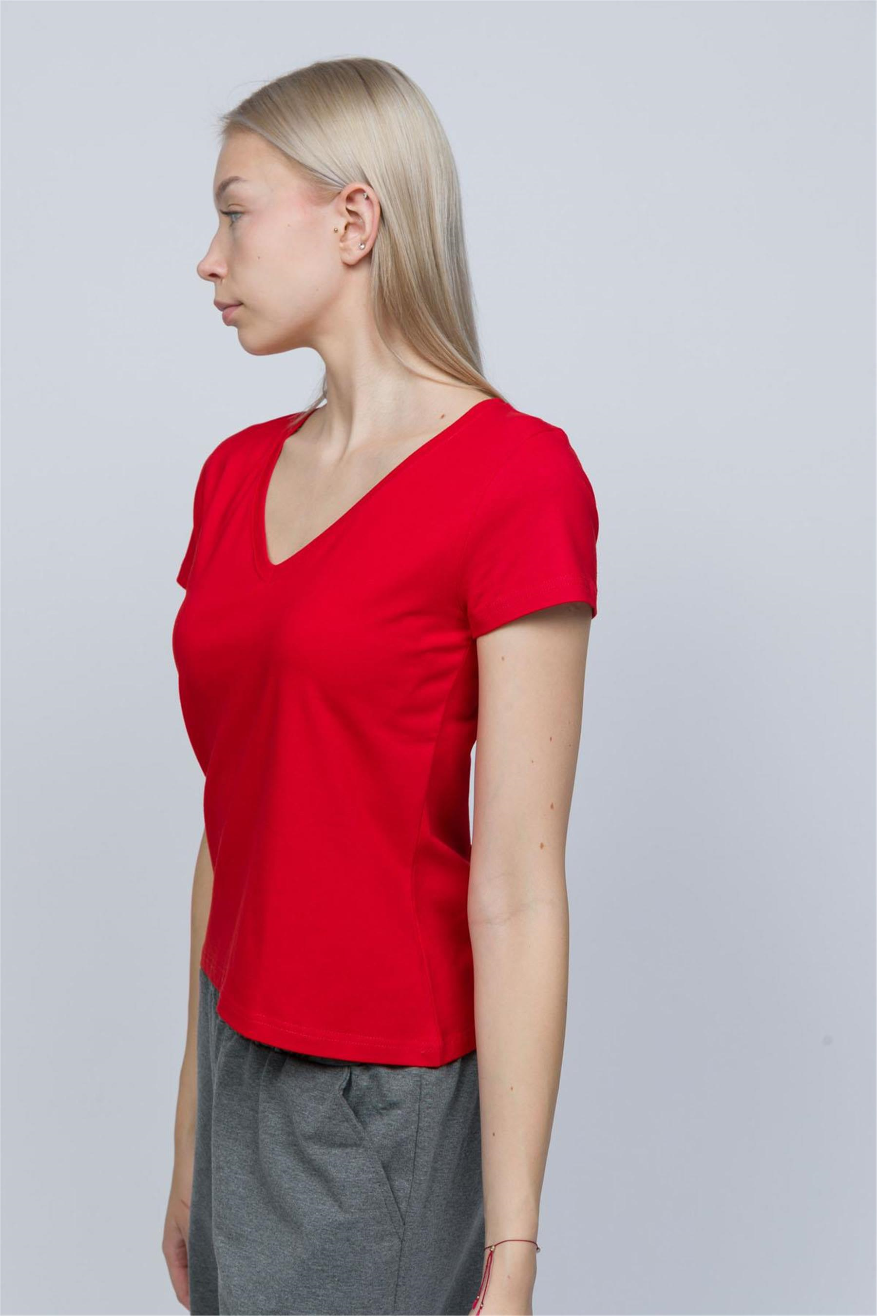 Kadın Kırmızı V Yaka T-shirt