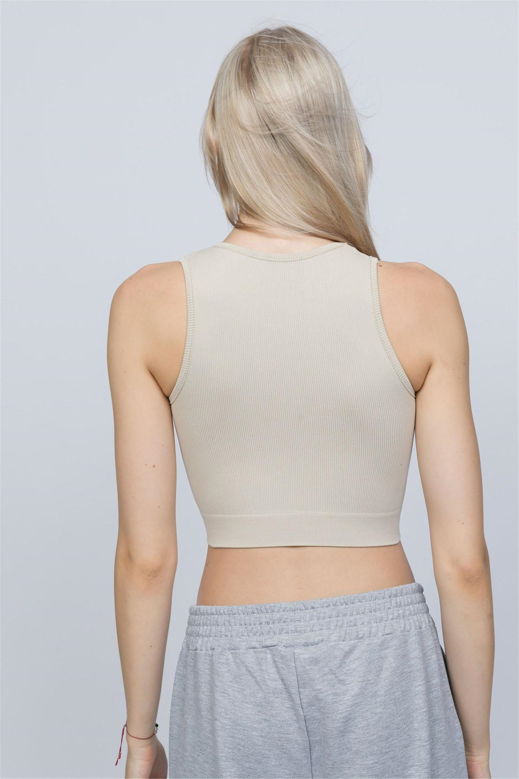 Kadın Krem Fitilli Orta Boy Sporcu Crop