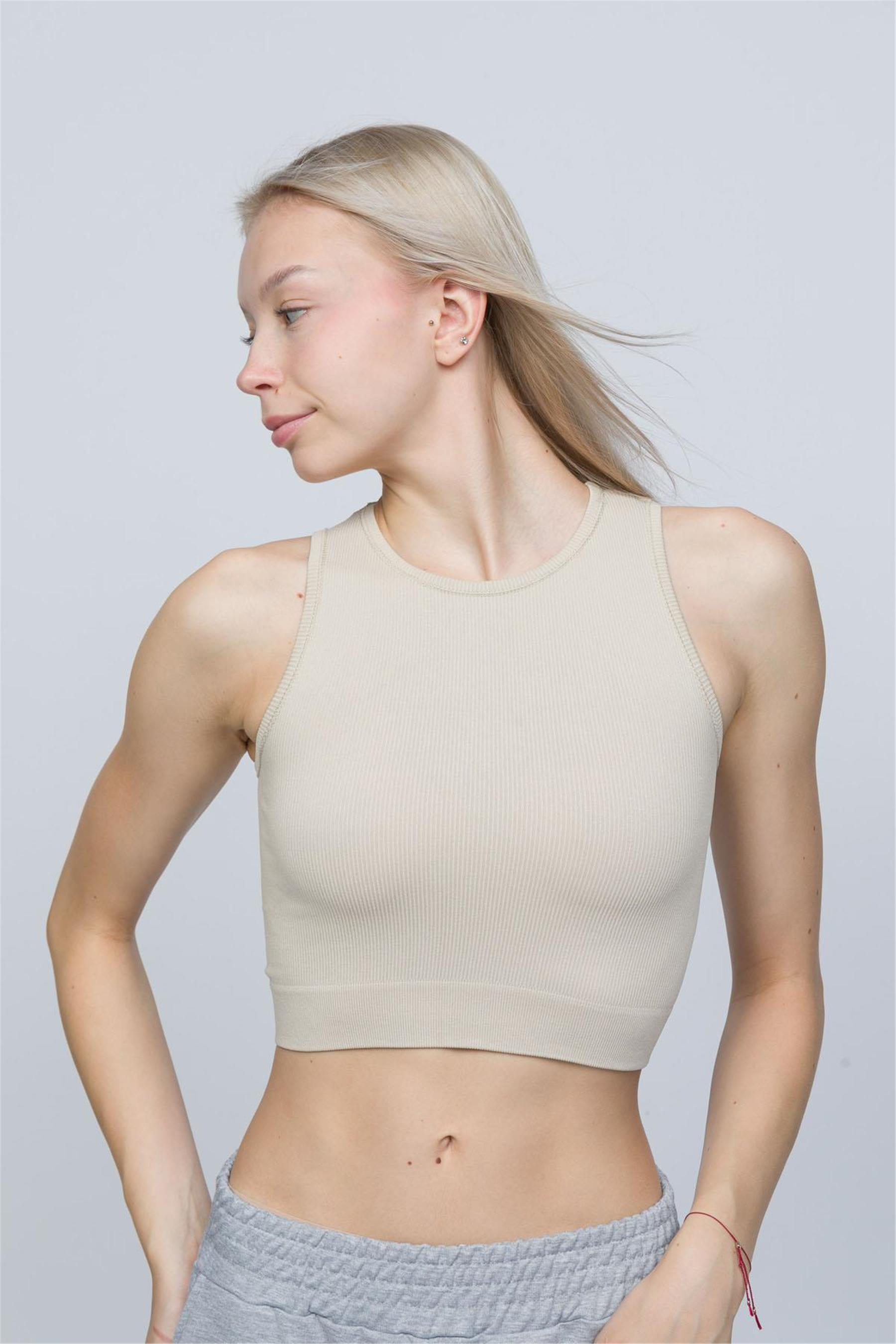 Kadın Krem Fitilli Orta Boy Sporcu Crop