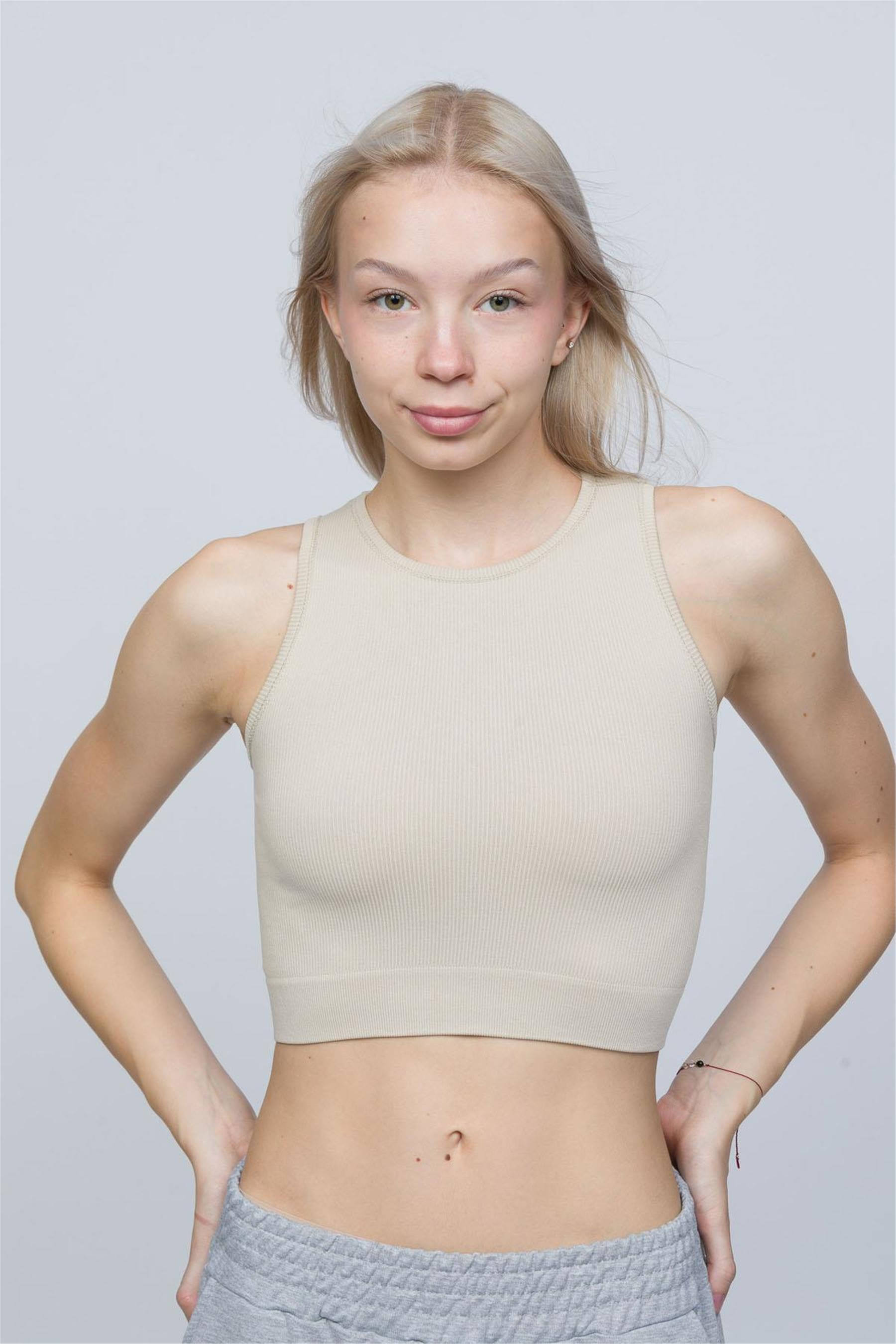 Kadın Krem Fitilli Orta Boy Sporcu Crop