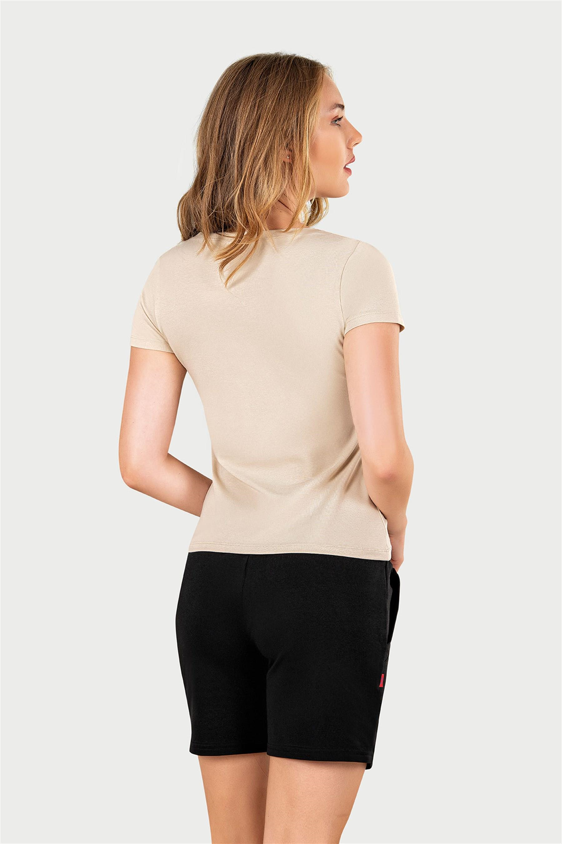 Kadın Krem V Yaka T-shirt