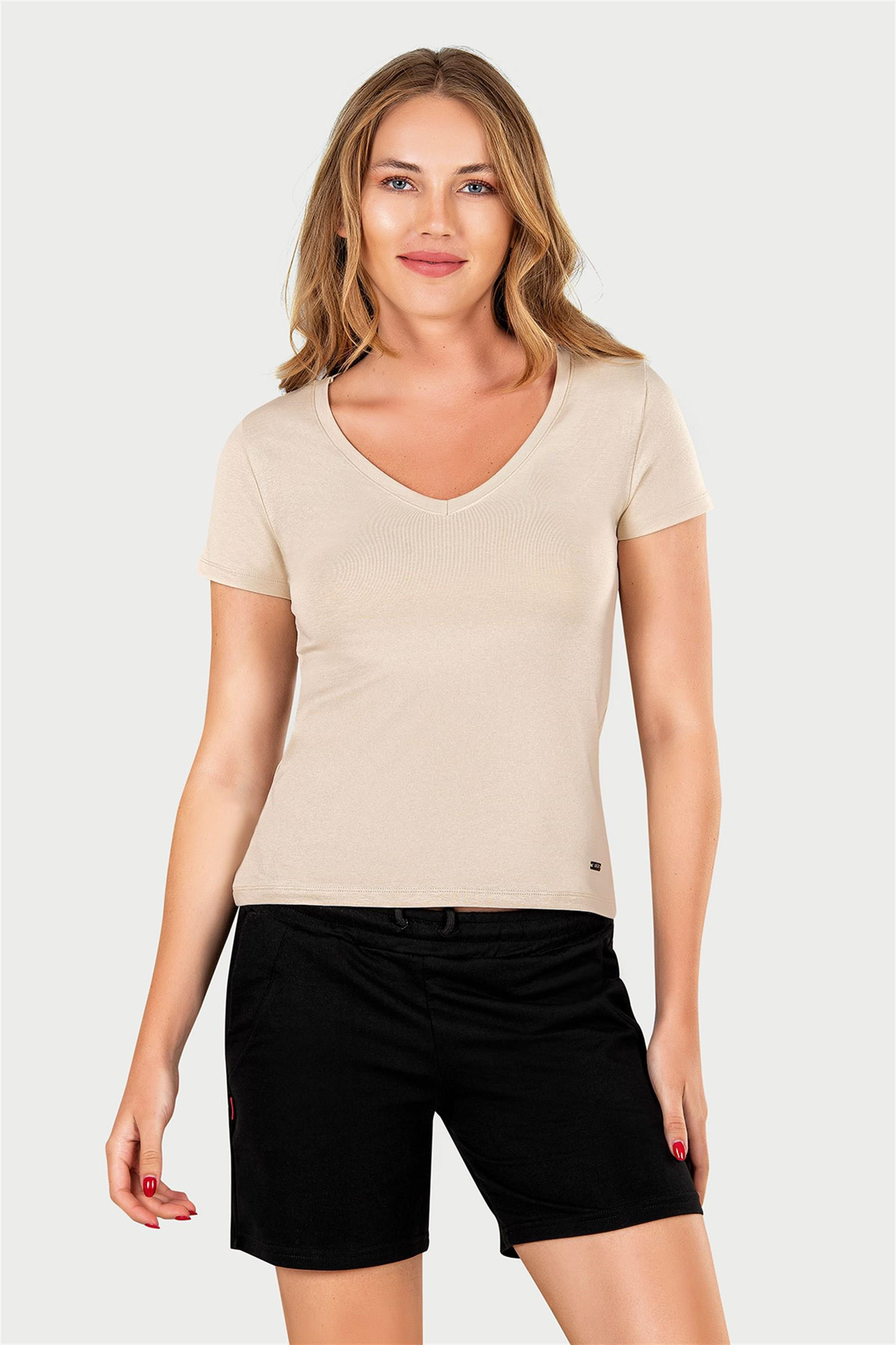 Kadın Krem V Yaka T-shirt