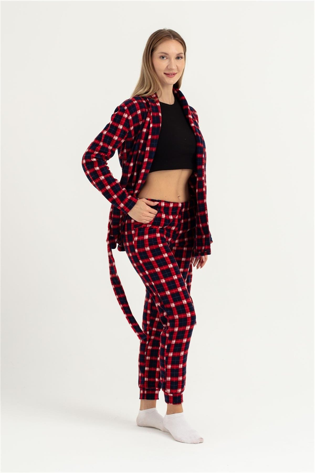 Kadın Lacivert Kırmızı Ekose Desen Bant Paça Polar Pijama Altı
