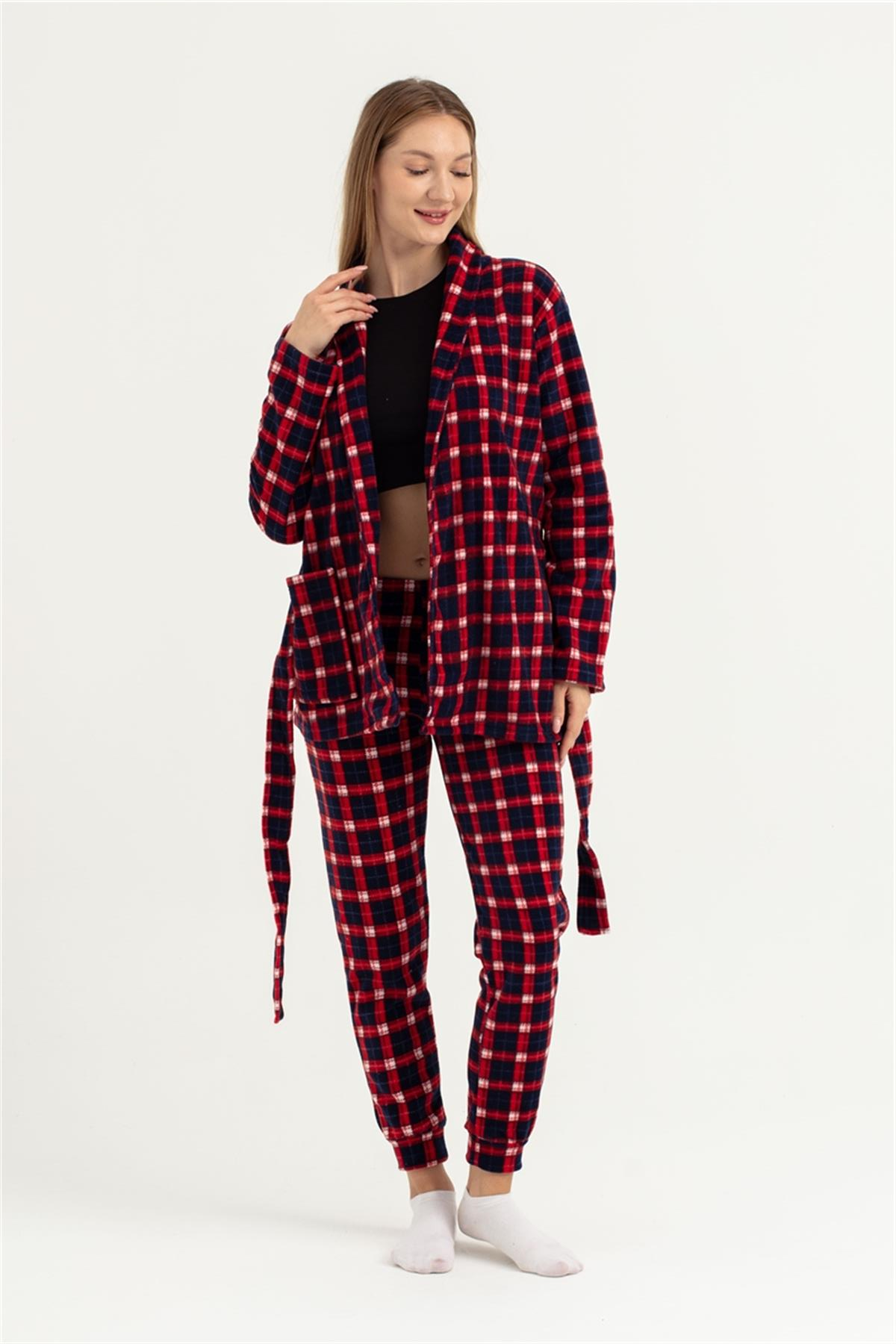 Kadın Lacivert Kırmızı Ekose Desen Bant Paça Polar Pijama Altı