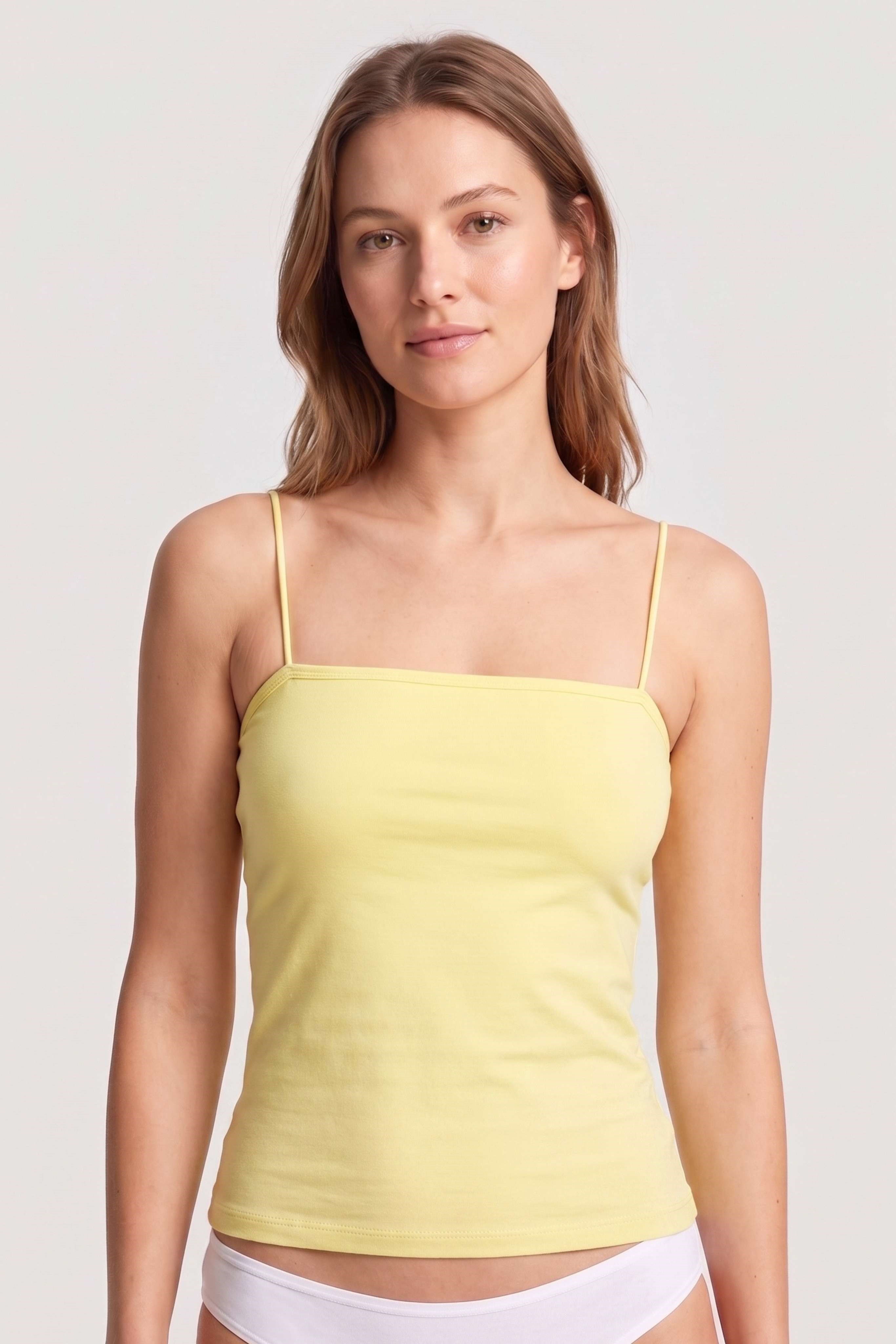 Kadın Limon Sarı Likra Cotton İp Askılı Straplez Atlet