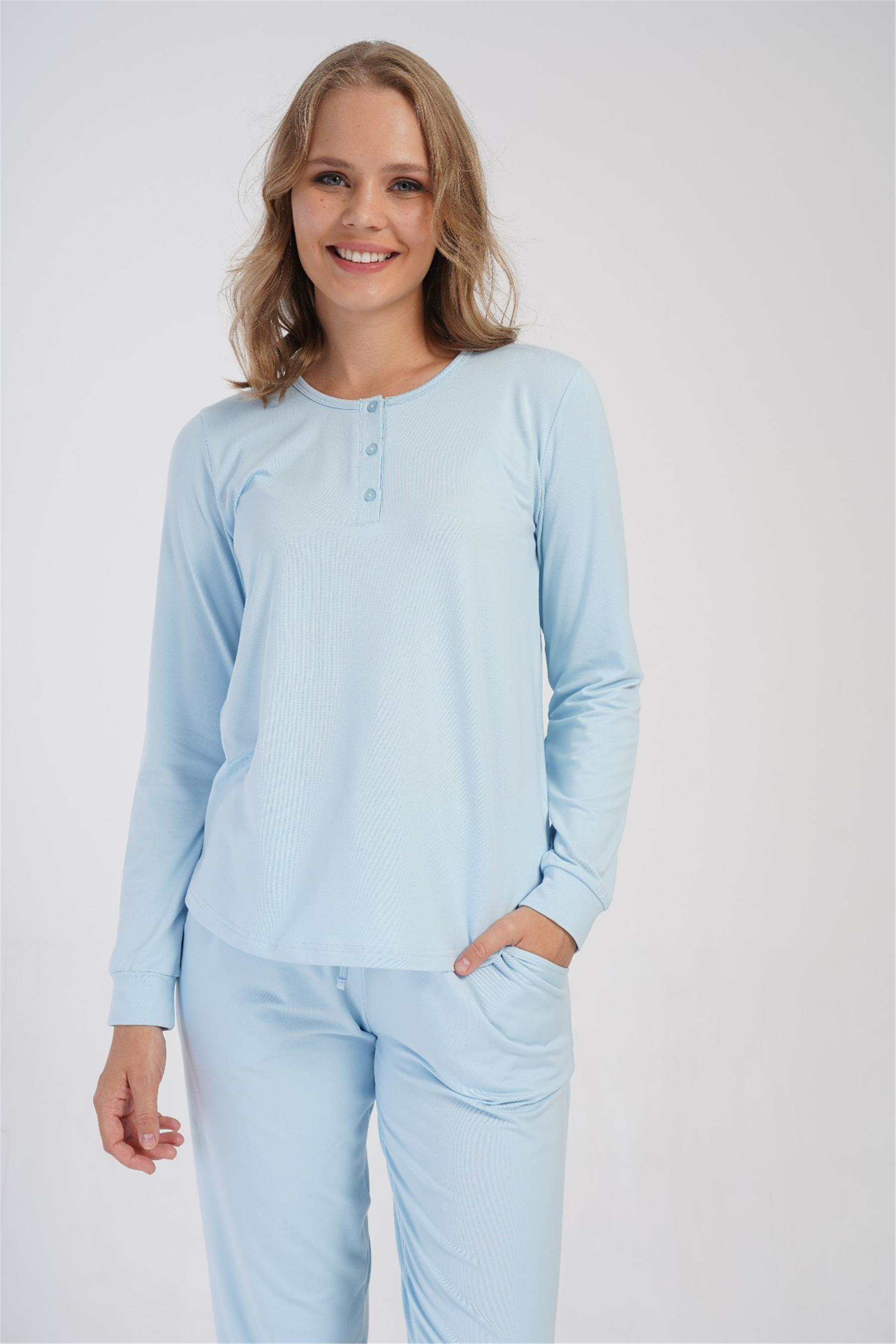 Kadın Mavi Manşetli Uzun Kollu Pijama Üstü