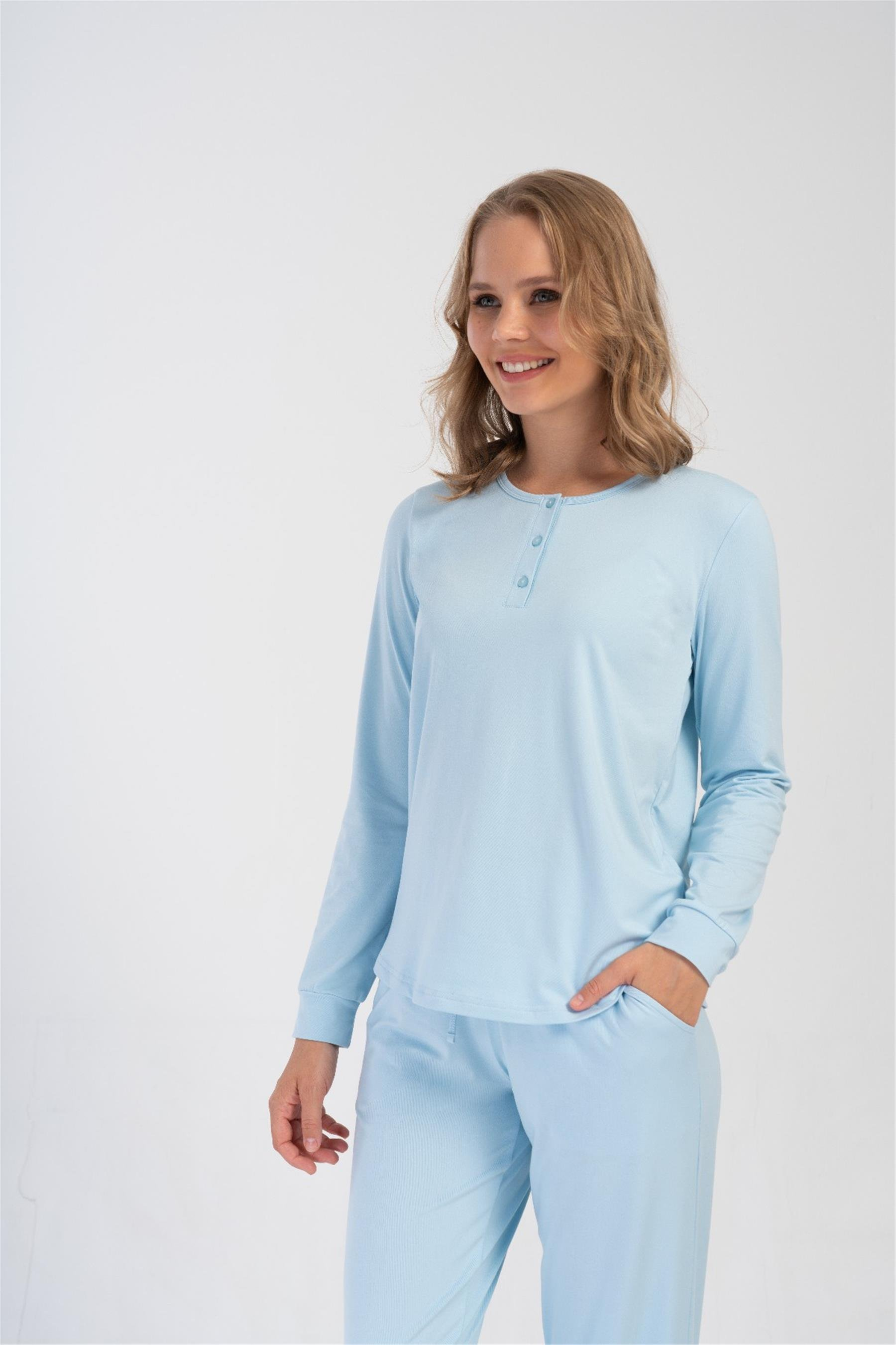 Kadın Mavi Manşetli Uzun Kollu Pijama Üstü