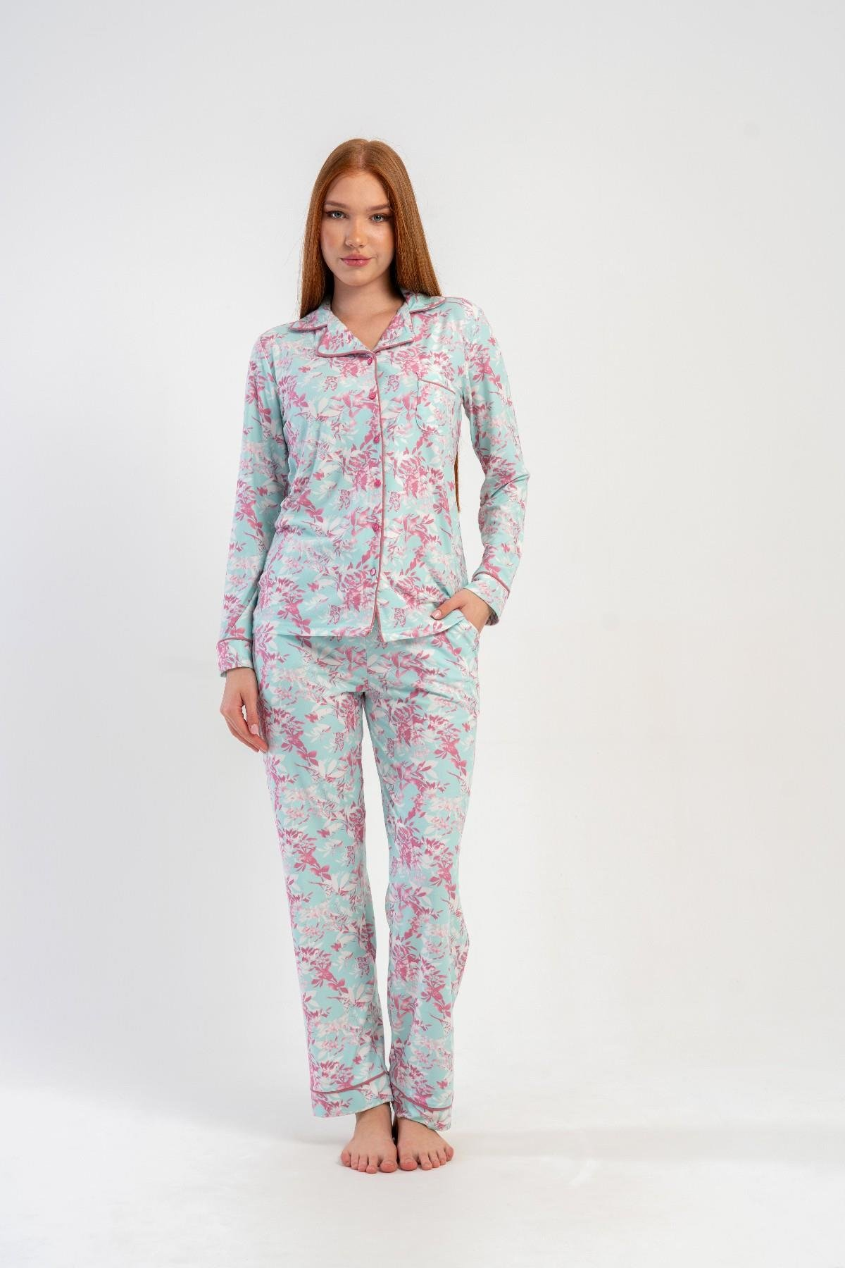Kadın Mavi Marla Düğmeli Pijama Üstü