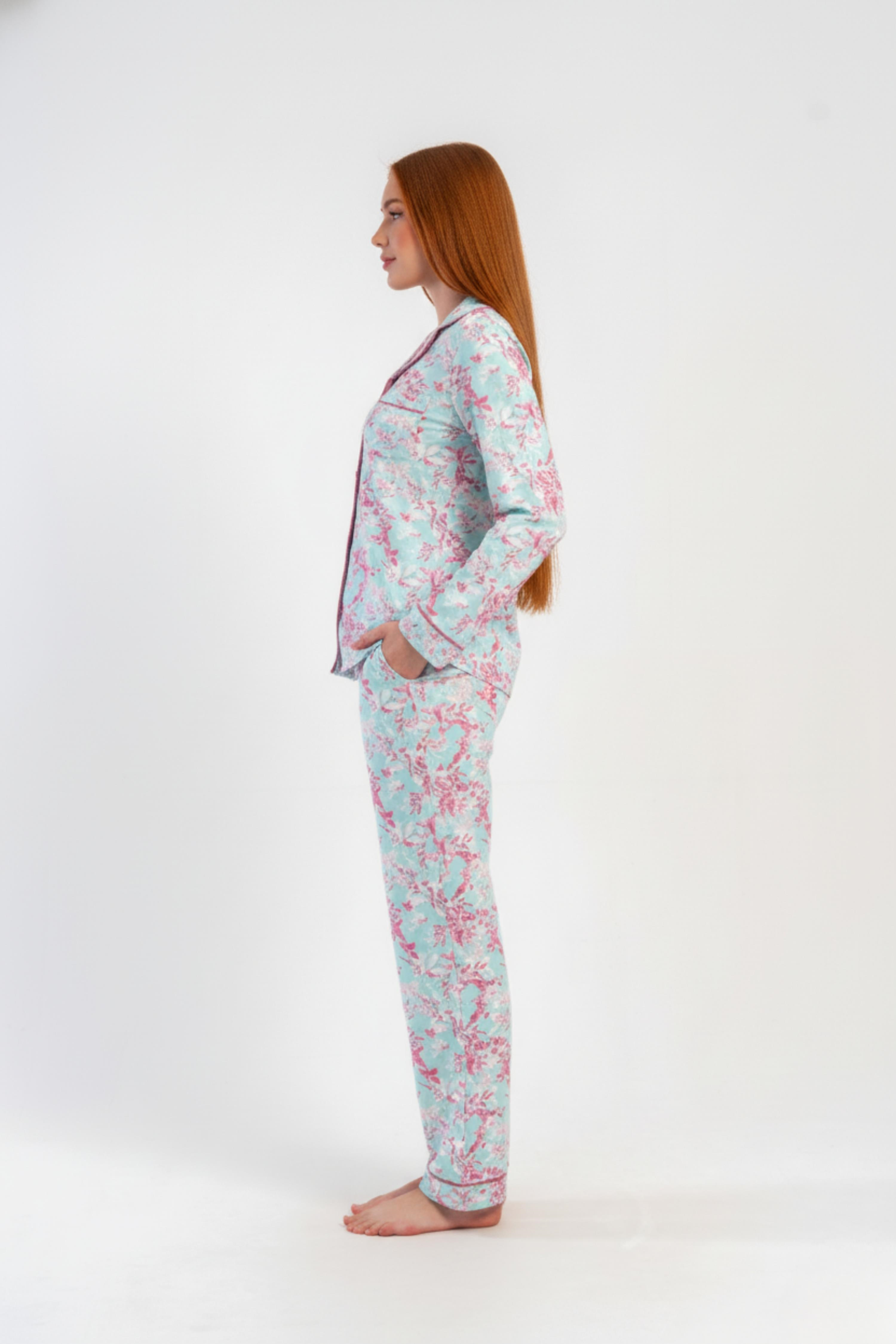 Kadın Mavi Marla Düğmeli Pijama Üstü