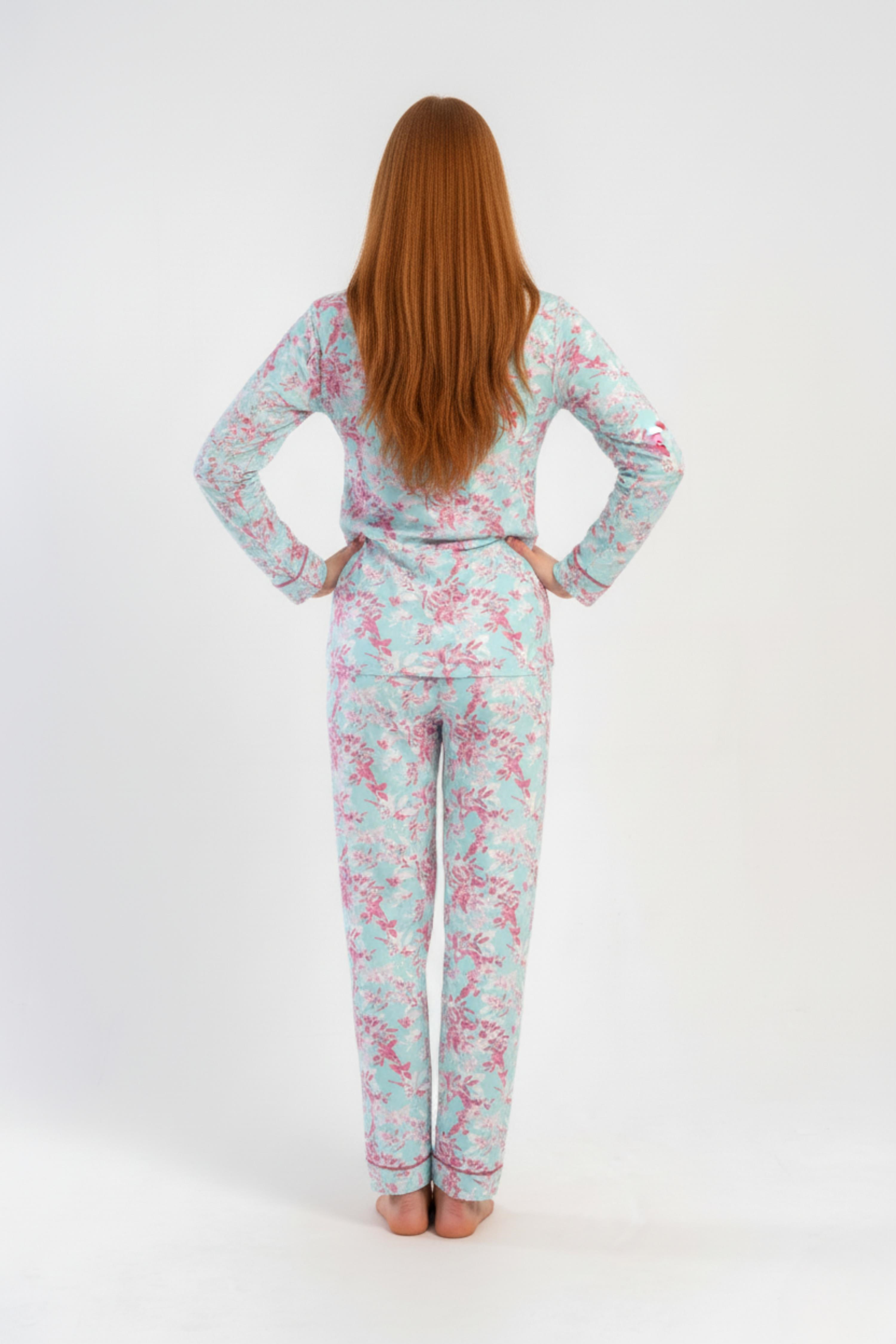 Kadın Mavi Marla Düğmeli Pijama Üstü