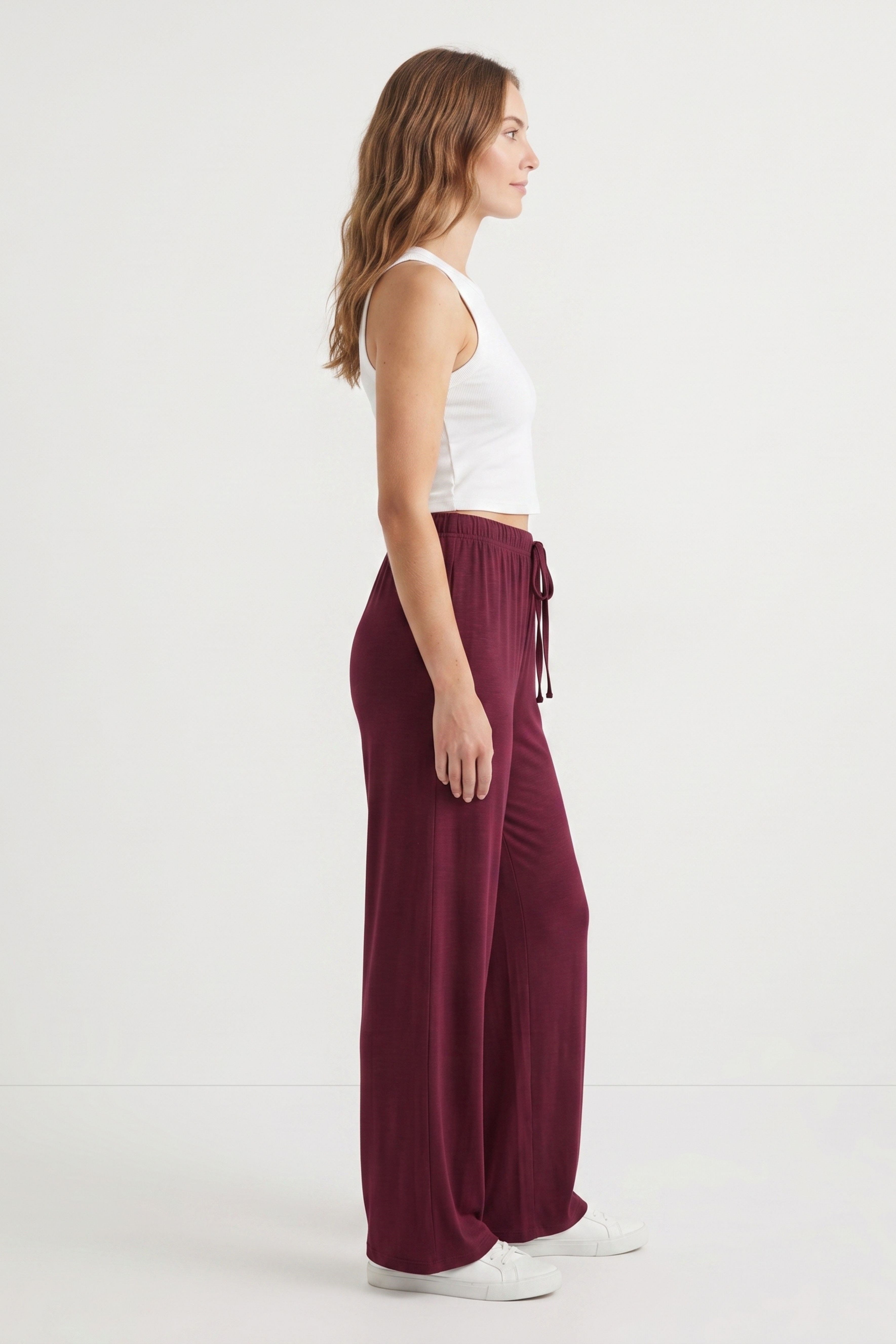 Kadın Mürdüm Beli Lastikli Bağcıklı Bol Paça Pantolon