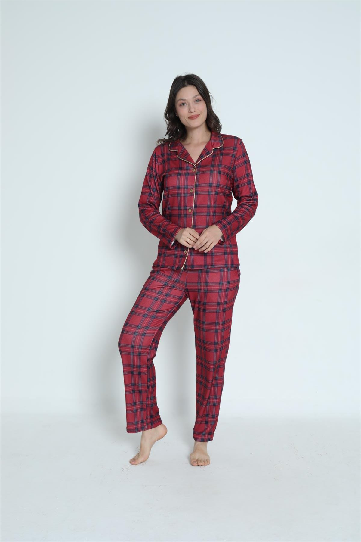 Kadın Önden Düğmeli Kırmızı Ekose Desen Pijama Üstü