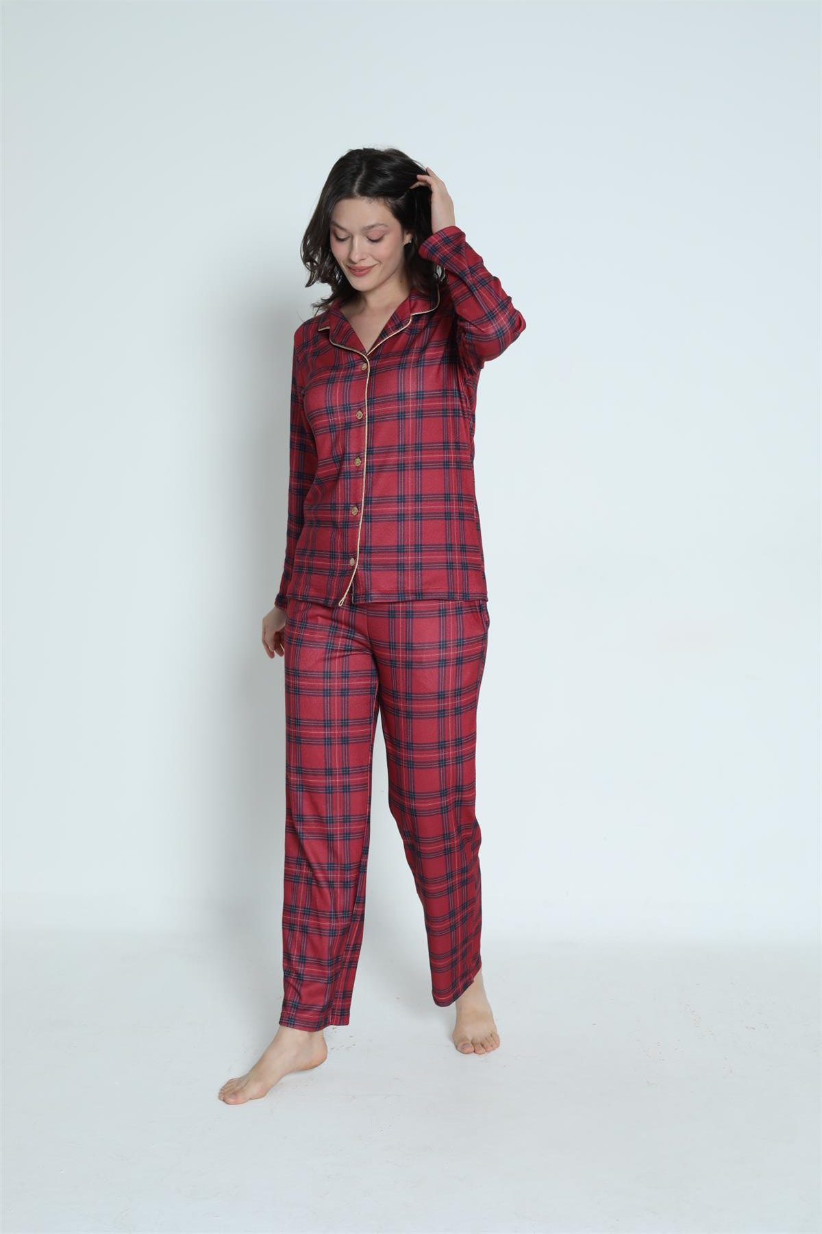 Kadın Önden Düğmeli Kırmızı Ekose Desen Pijama Üstü
