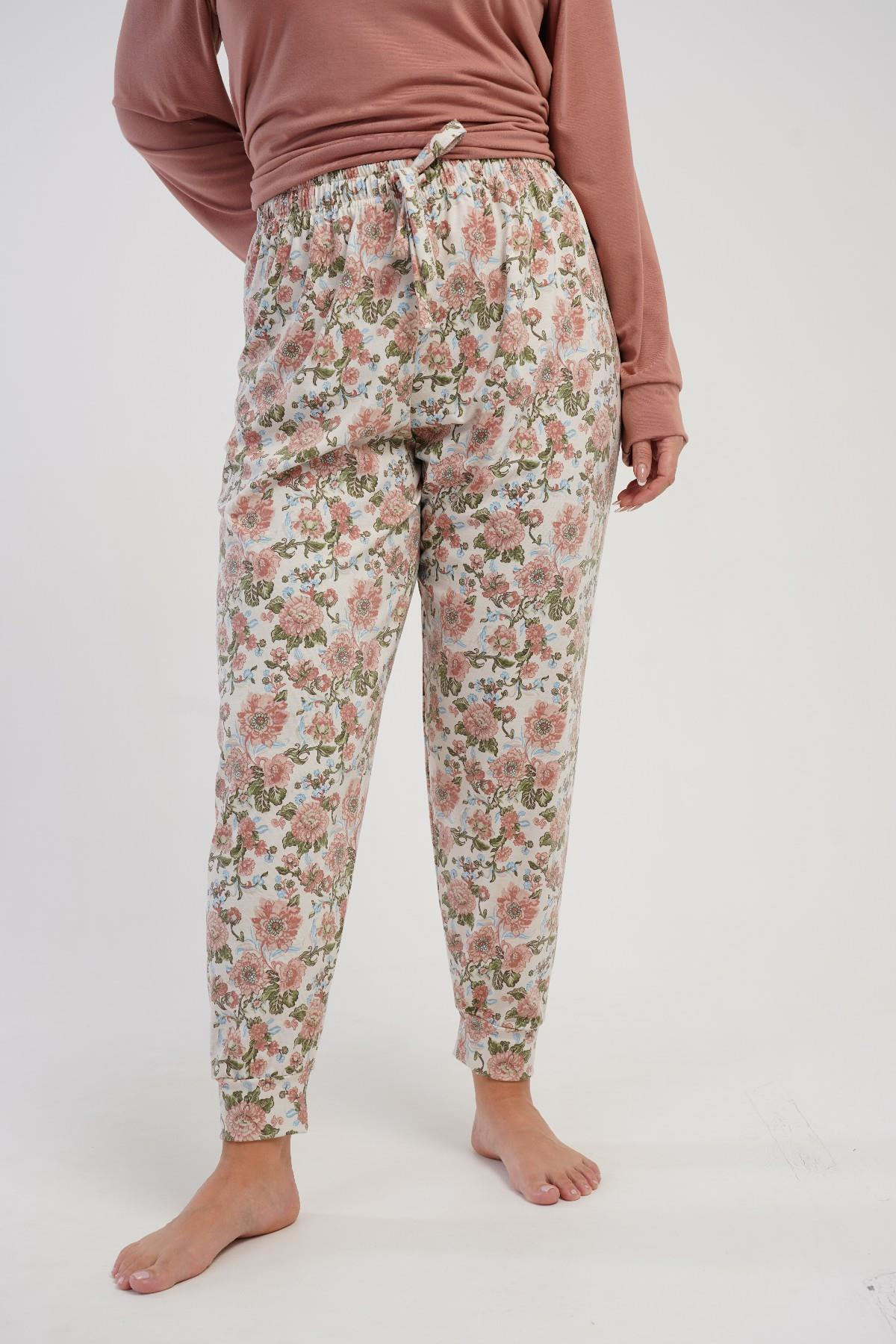 Kadın Pembe Çiçek Desen Likra Polyvıscon Battal Manşetli Pijama Altı