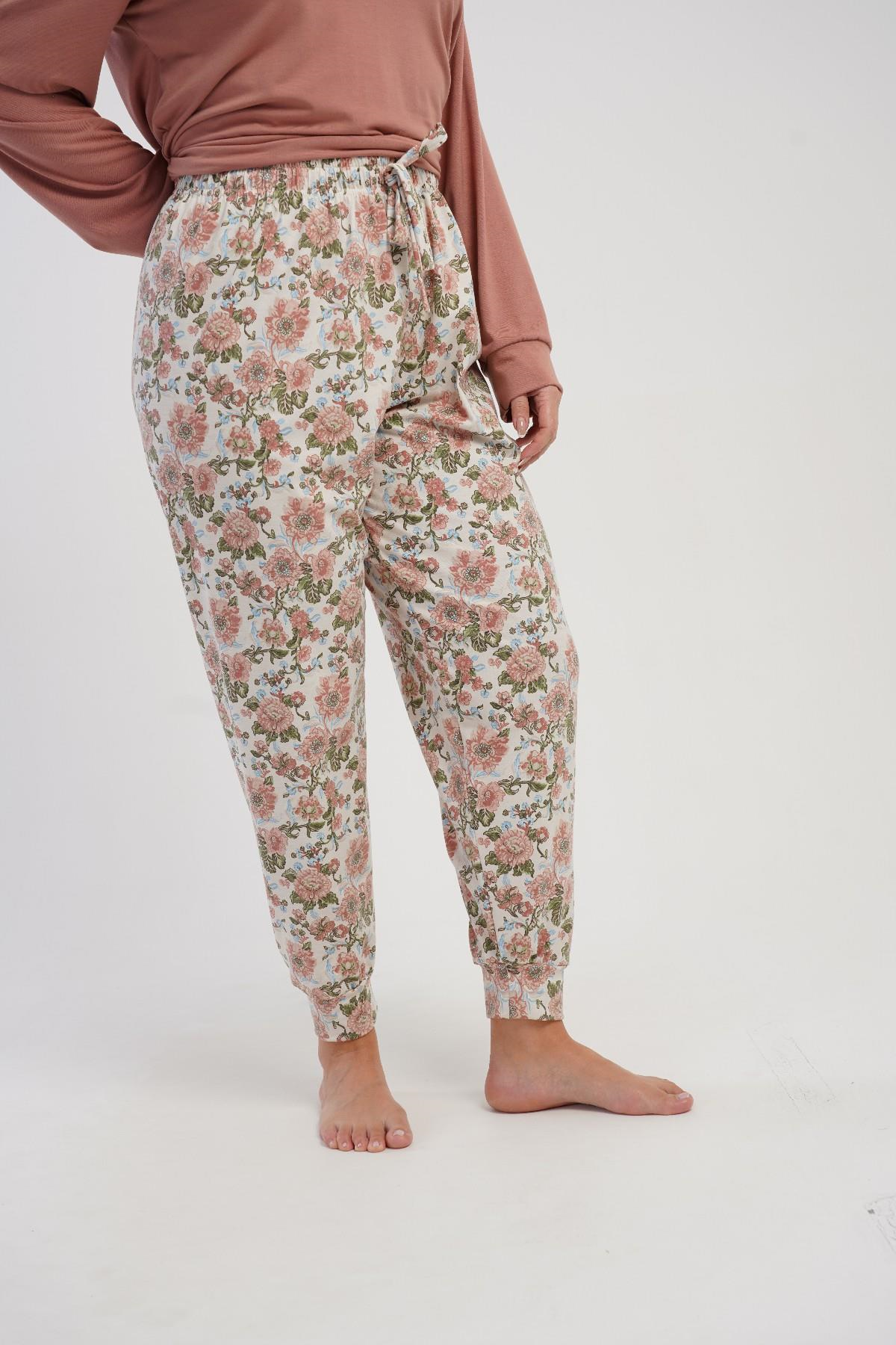 Kadın Pembe Çiçek Desen Likra Polyvıscon Battal Manşetli Pijama Altı