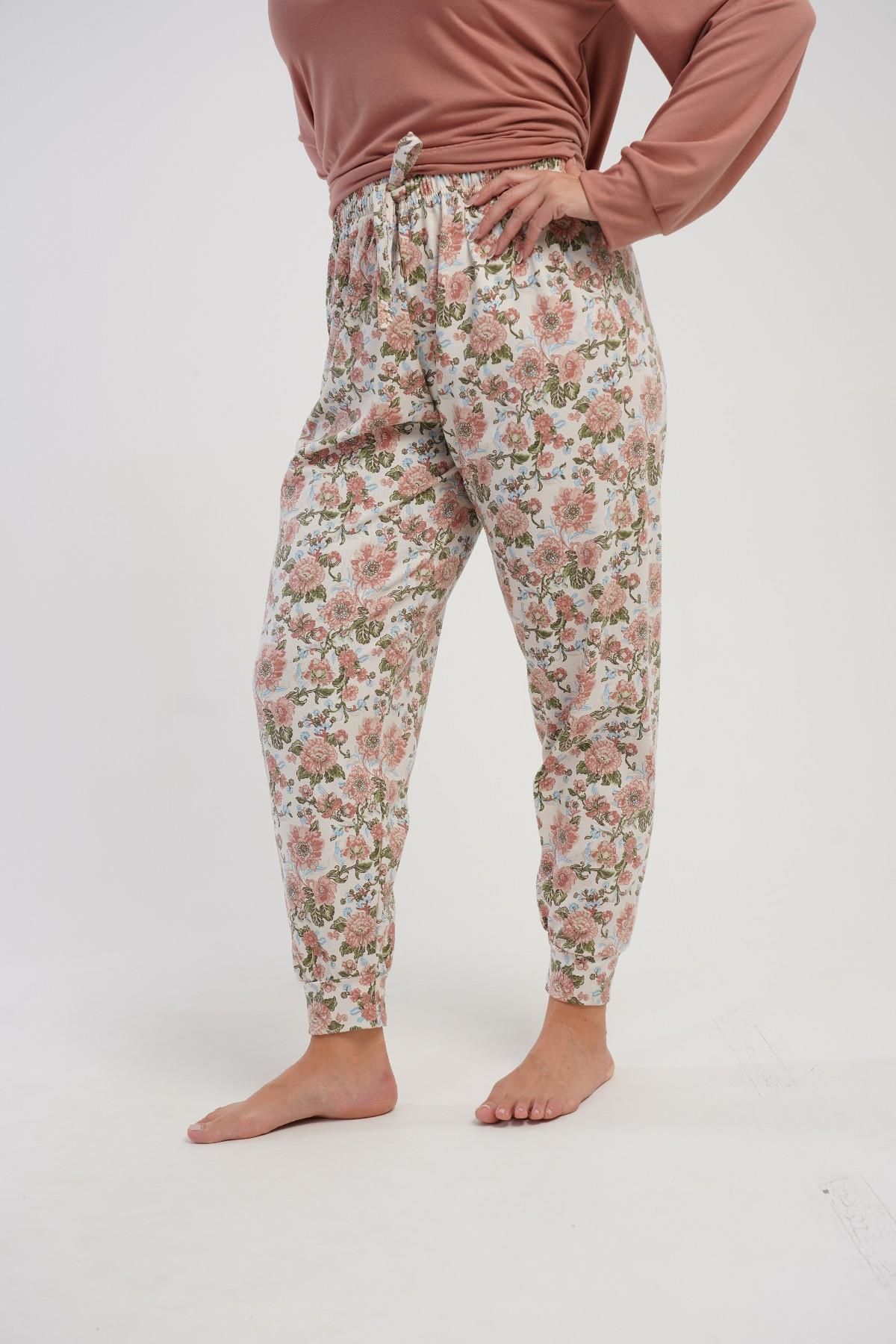 Kadın Pembe Çiçek Desen Likra Polyvıscon Battal Manşetli Pijama Altı