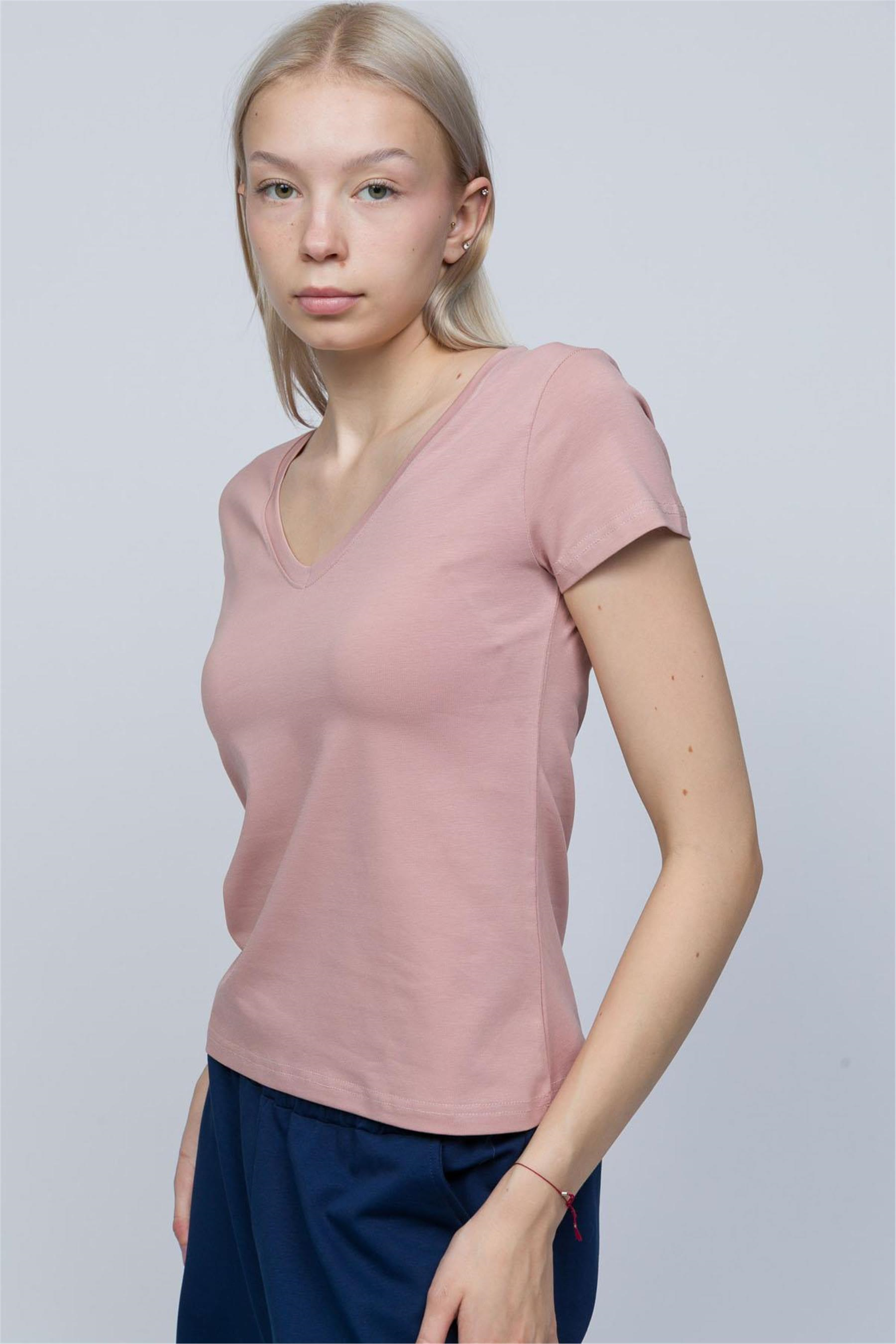 Kadın Pudra V Yaka T-shirt
