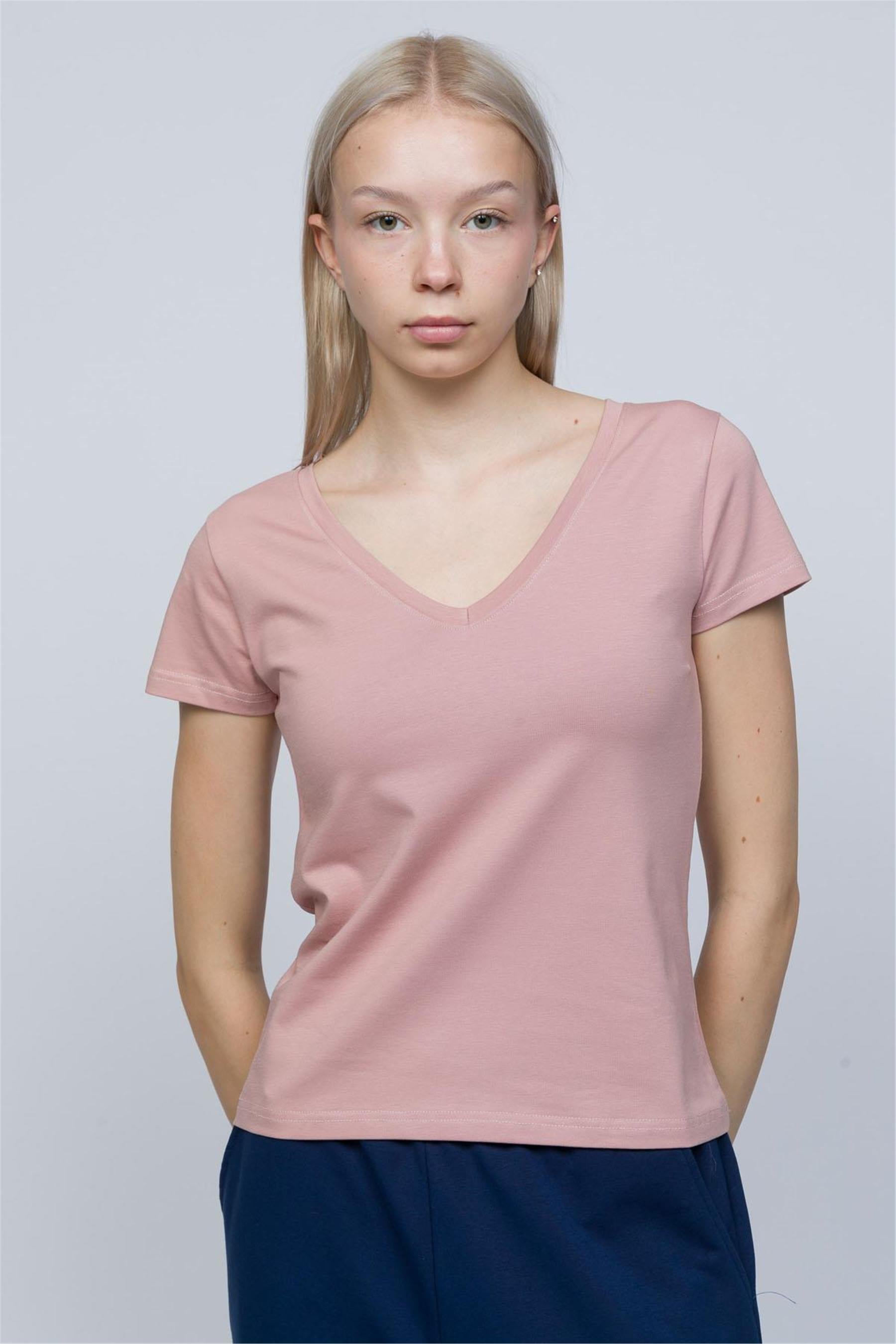 Kadın Pudra V Yaka T-shirt