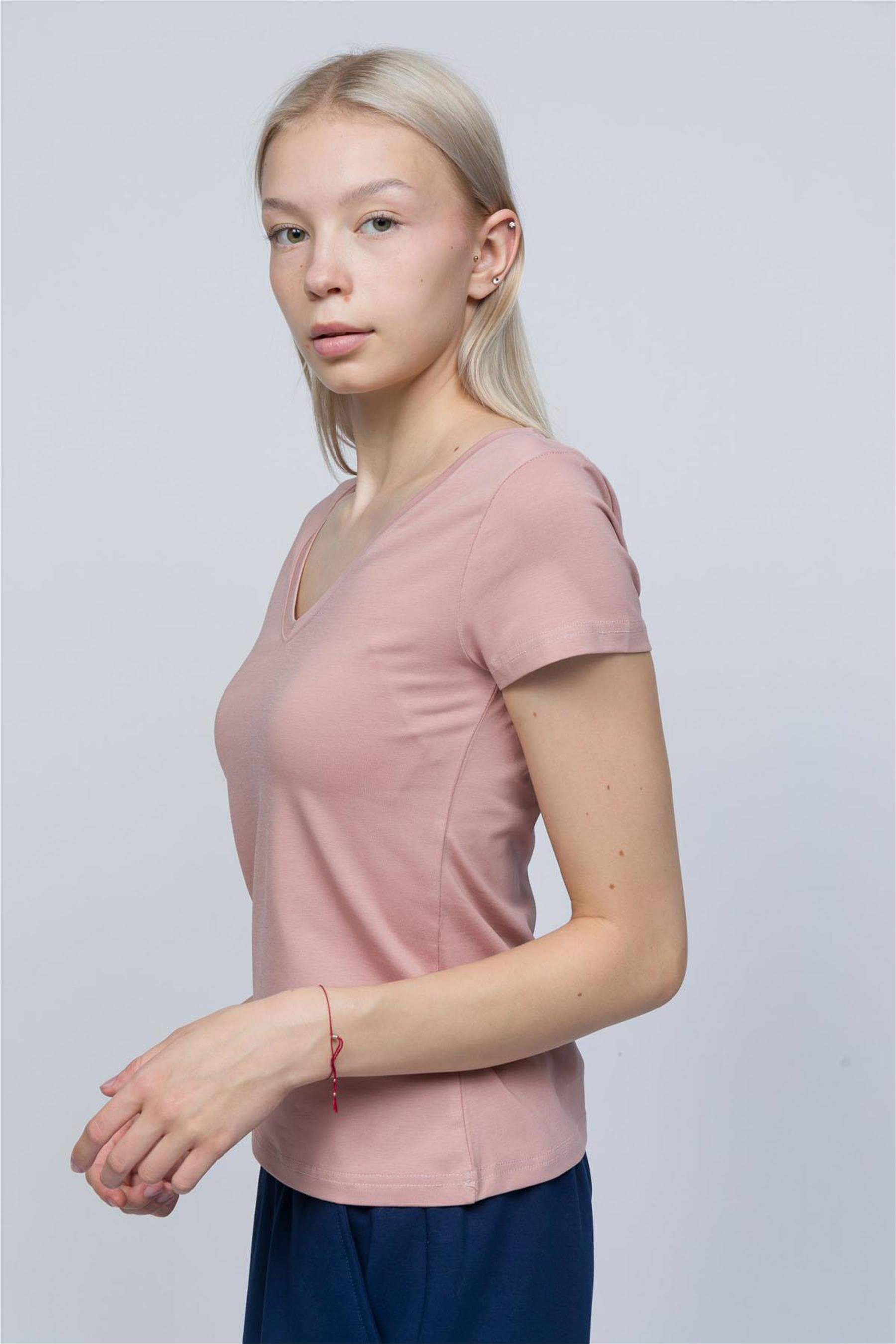 Kadın Pudra V Yaka T-shirt