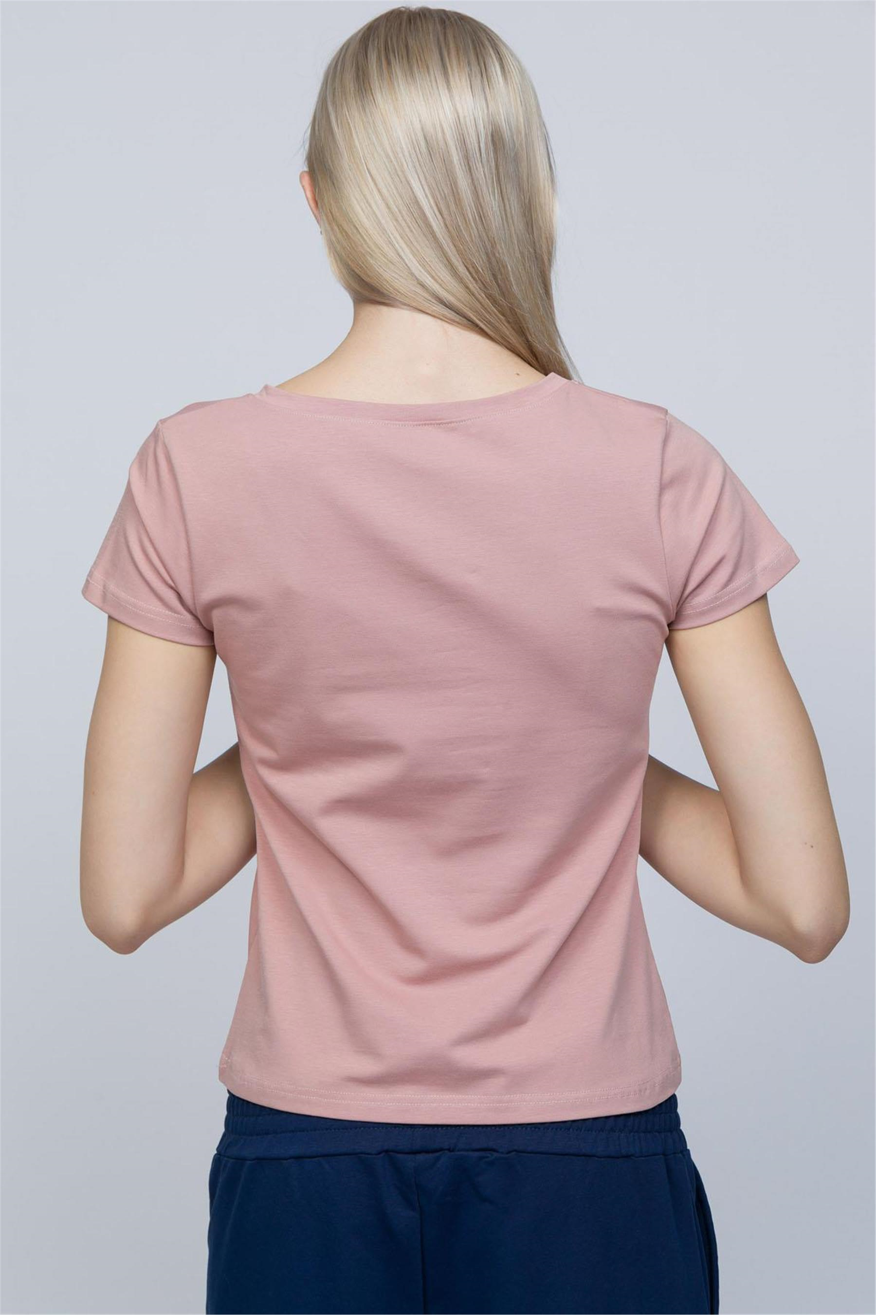 Kadın Pudra V Yaka T-shirt