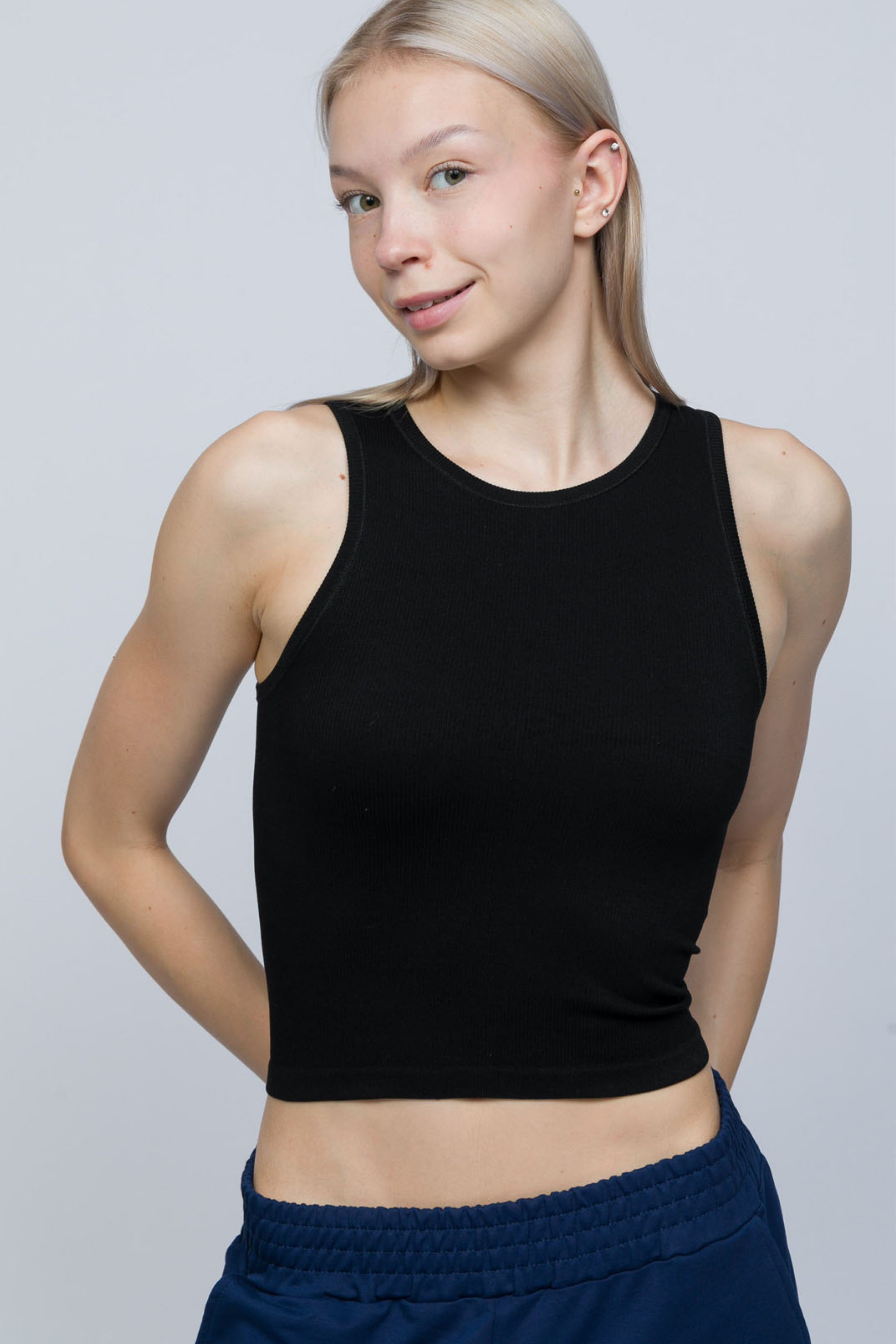 Kadın Siyah Fitilli Sıfır Kol Crop Atlet