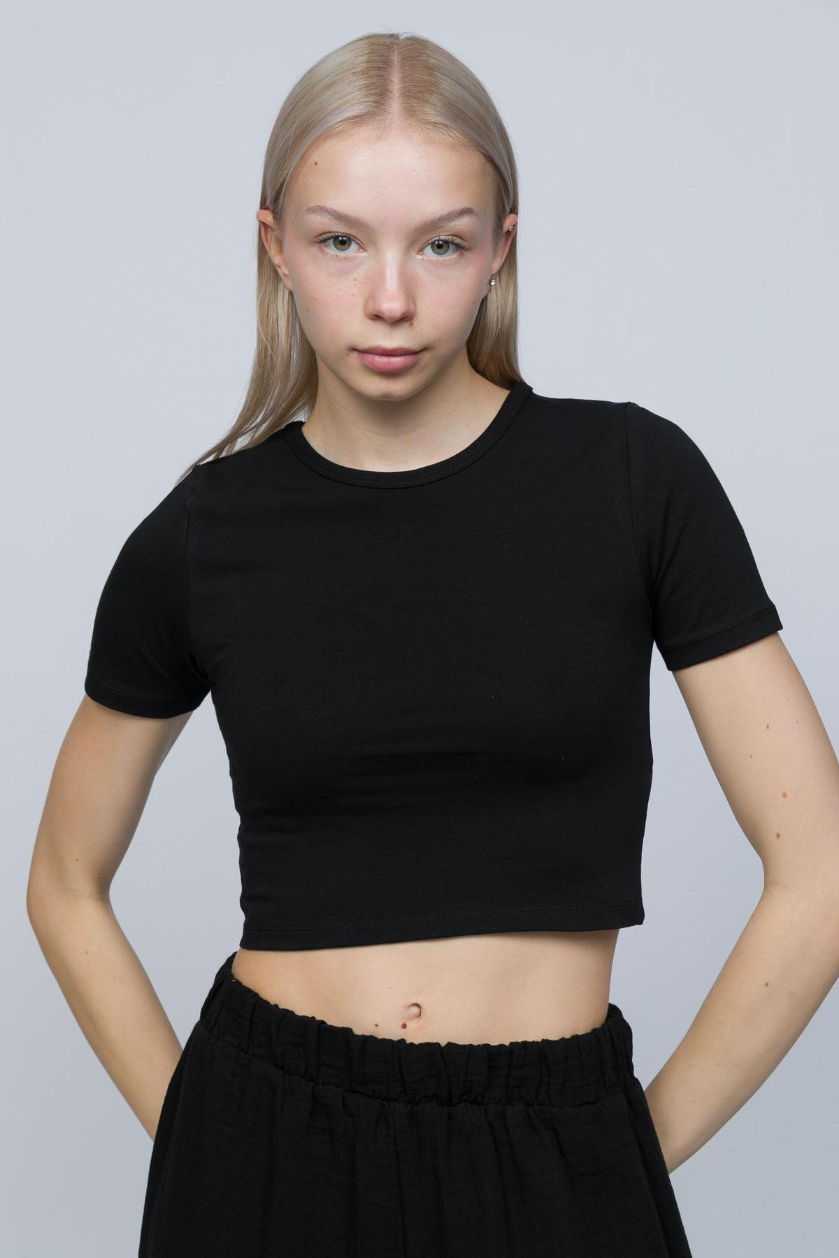 Kadın Siyah Likra Cotton Crop