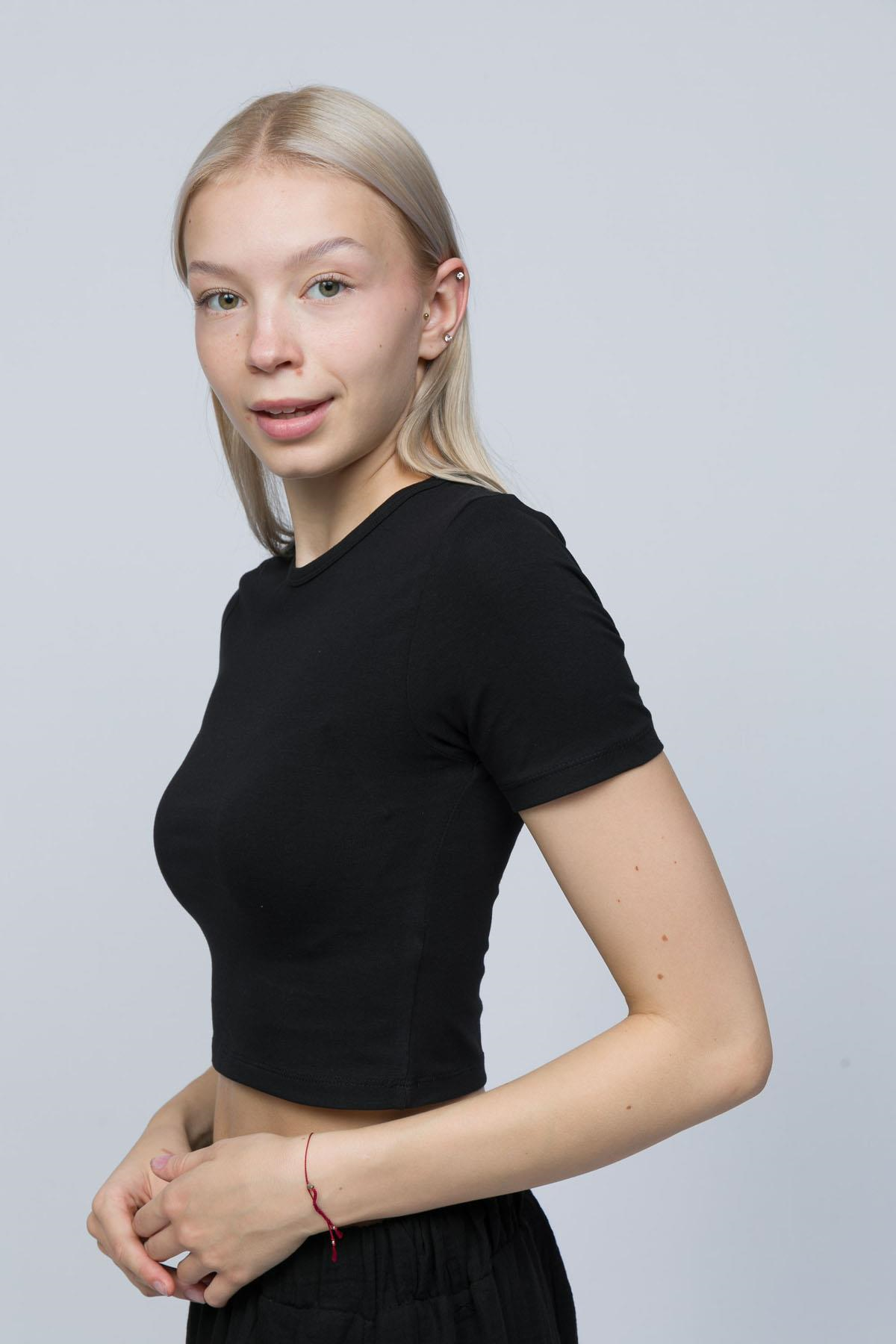 Kadın Siyah Likra Cotton Crop