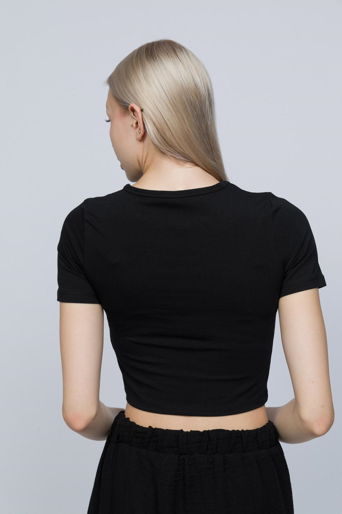 Kadın Siyah Likra Cotton Crop
