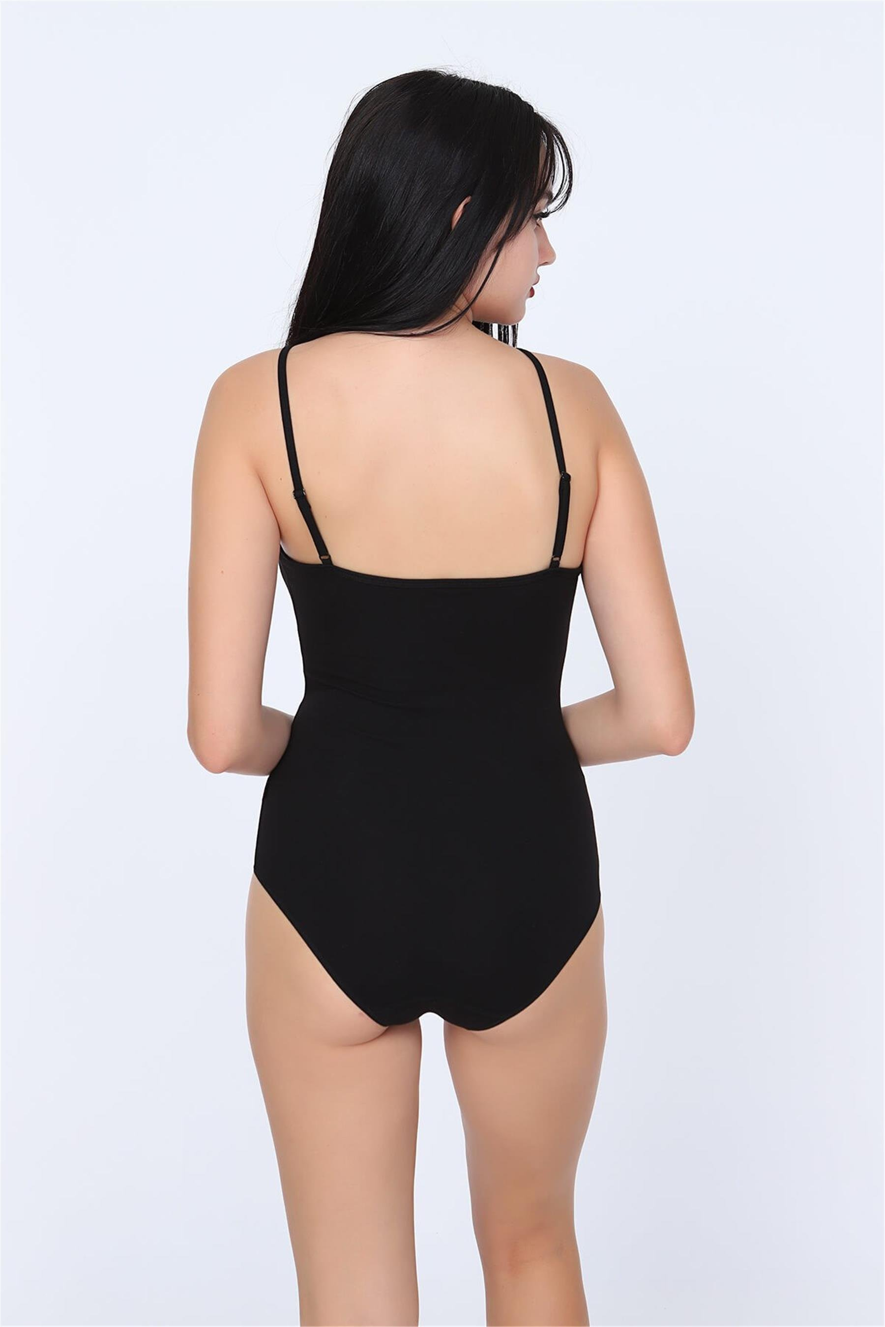 Kadın Siyah Penye Ayarlanabilir İp Askılı Çıtçıtlı Body
